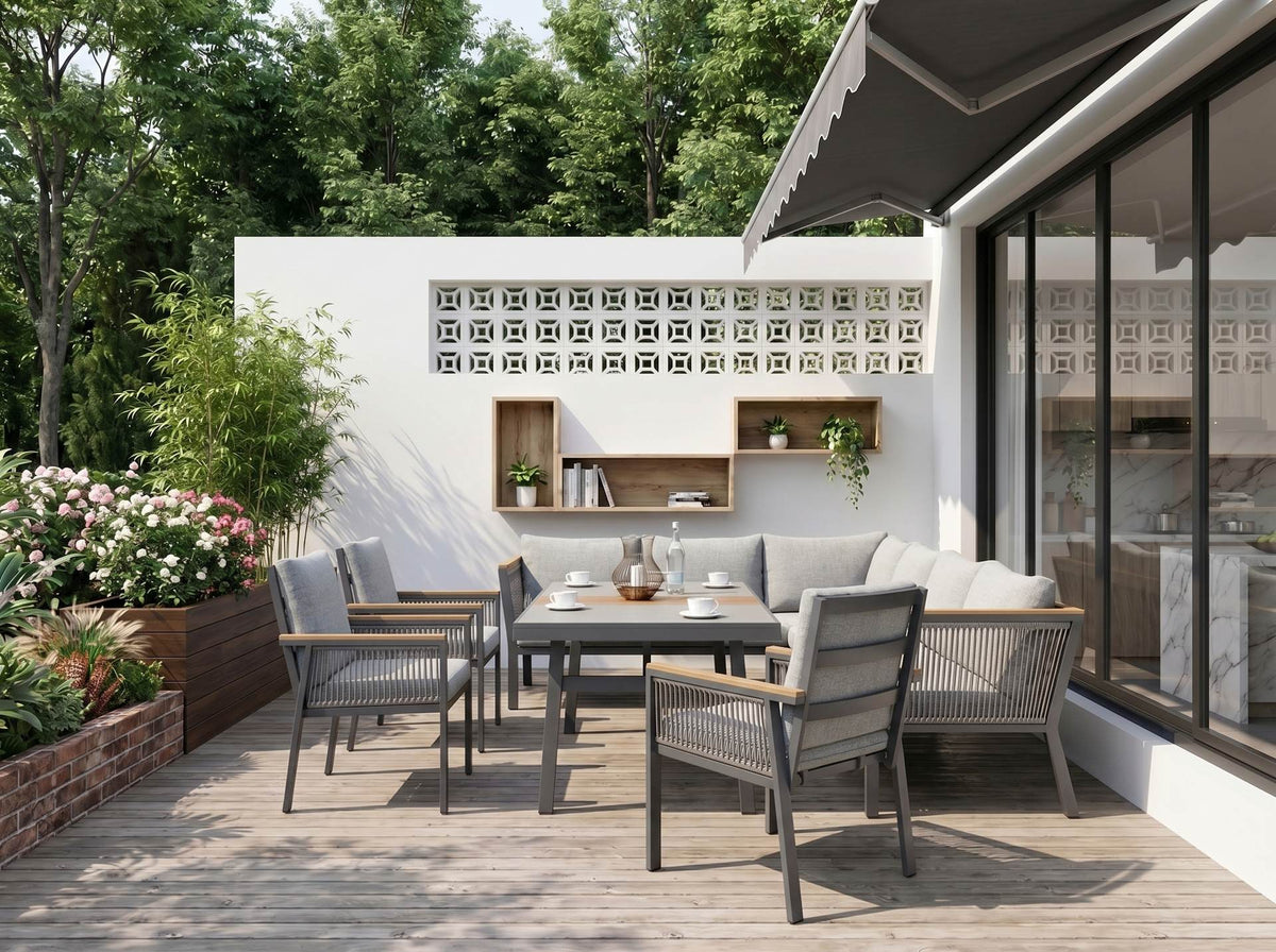 Olivia Eckbankgruppe mit anthrazitfarbenem Aluminiumgestell, hellgrau melierten Twisted-Schnüren, hellgrauen Kissen, Polywood-Tisch und drei Armstühlen