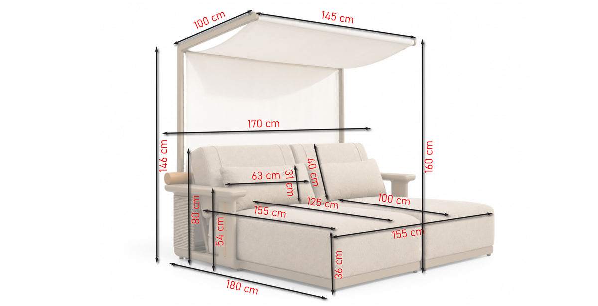Pablo Daybed – Maßzeichnung mit Gesamtmaßen, Liegefläche, Rückenlehne und Sonnendach