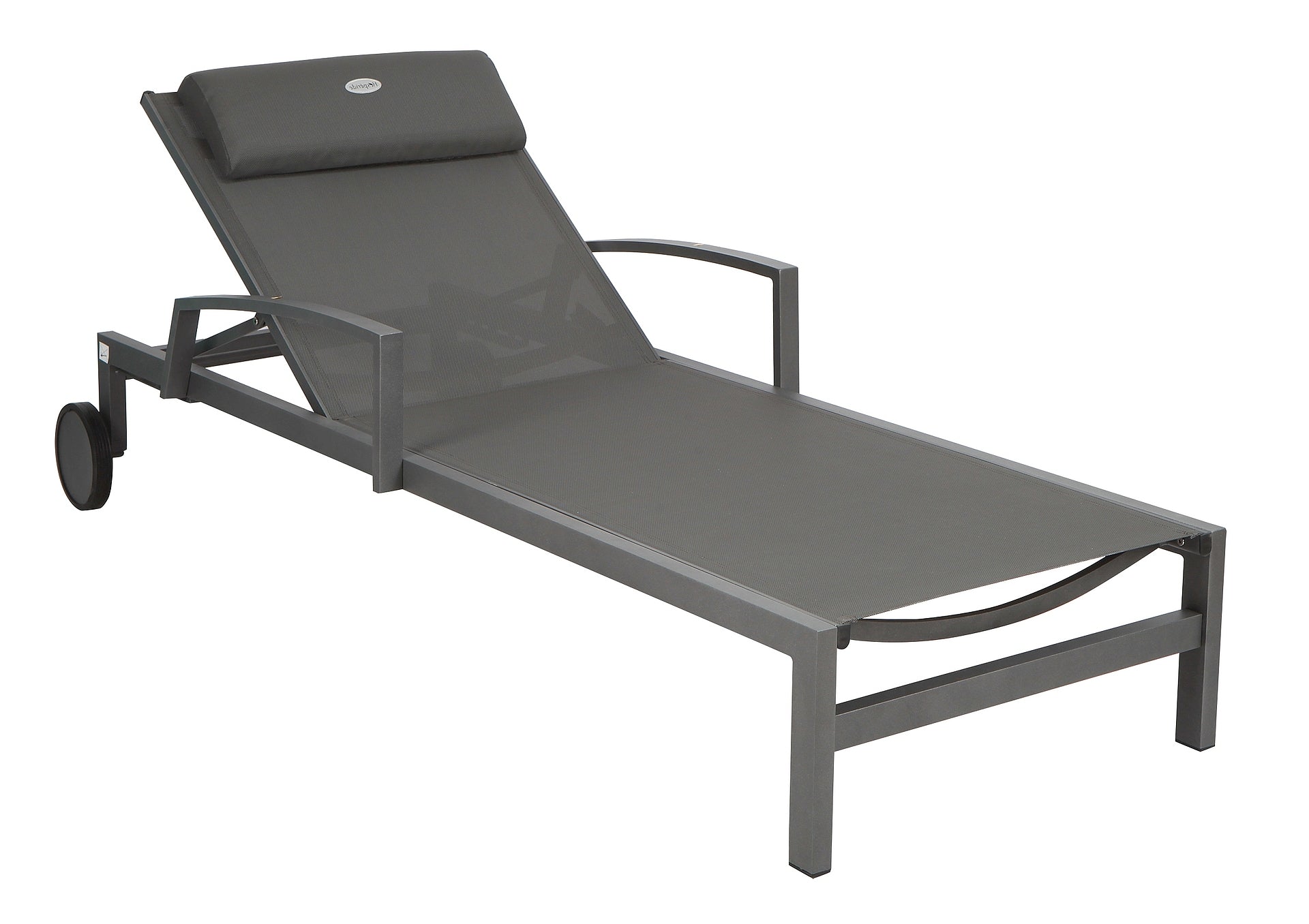 Sonnenliege Caesar mit Aluminiumgestell und Textilen-Bespannung in Dunkelgrau, ausgestattet mit Armstützen und Kopfpolster.