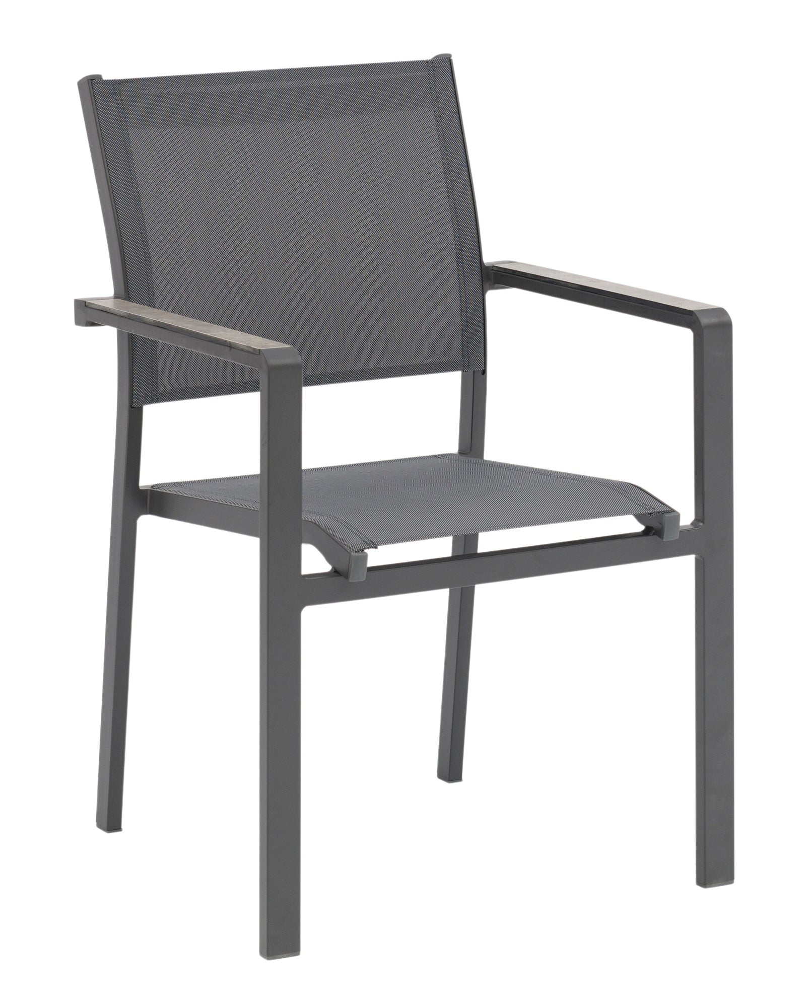 Levon Gartenstuhl in Dunkelgrau mit Textilenbespannung in Schwarz-Grau und HPL-Armstützen in grauem Steindekor, stapelbar