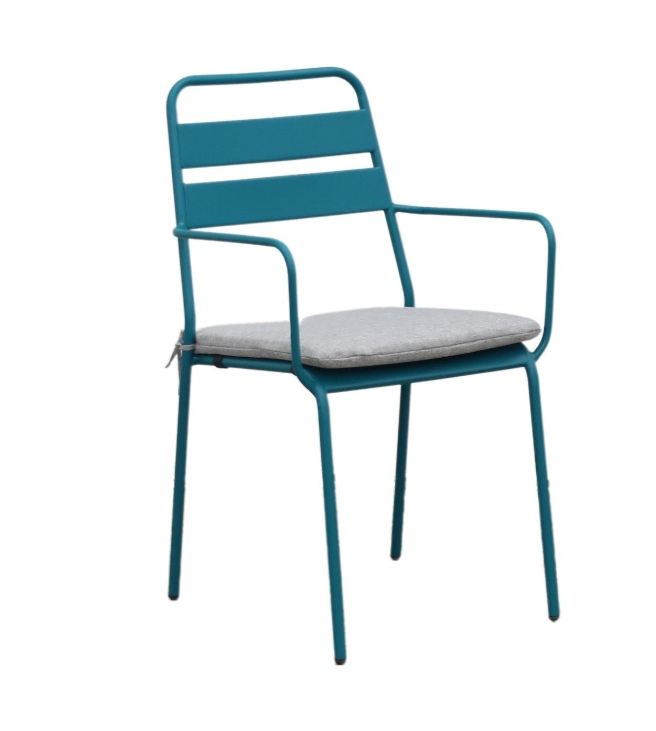 Moderne 'Palermo' Stahlrohrstühle in Currygelb, Korallenrot und Wasserblau mit hellgrauen Kissen, erhältlich bei Gartenmöbelshop.at – ideal für trendbewusste Outdoor-Gestaltung.