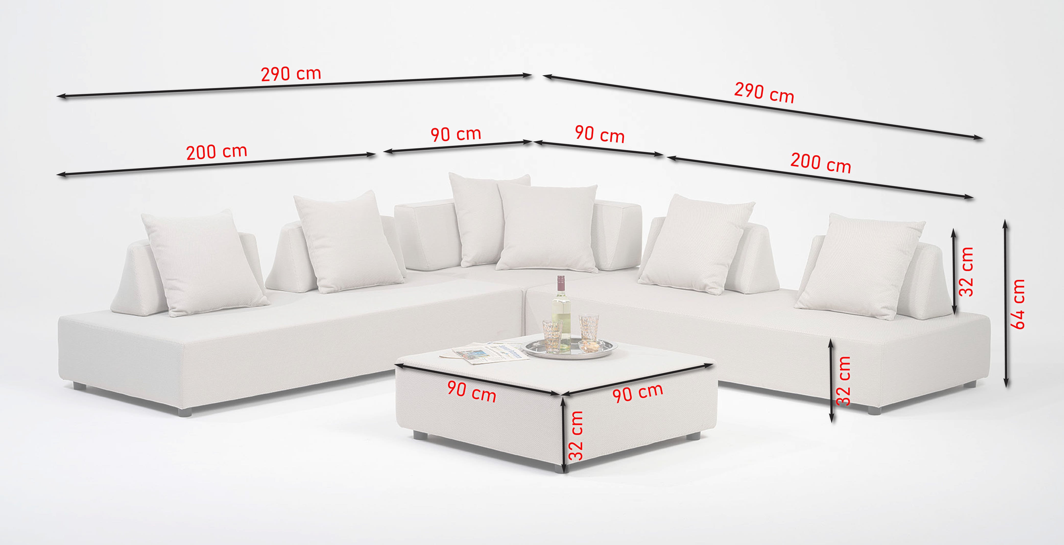 Die Stephan Loungegruppe: Individuell positionierbare Rückenlehnen, wasserabweisende Bezüge und multifunktionaler Hocker mit Metall-Tablett. Perfekt für Garten & Terrasse!