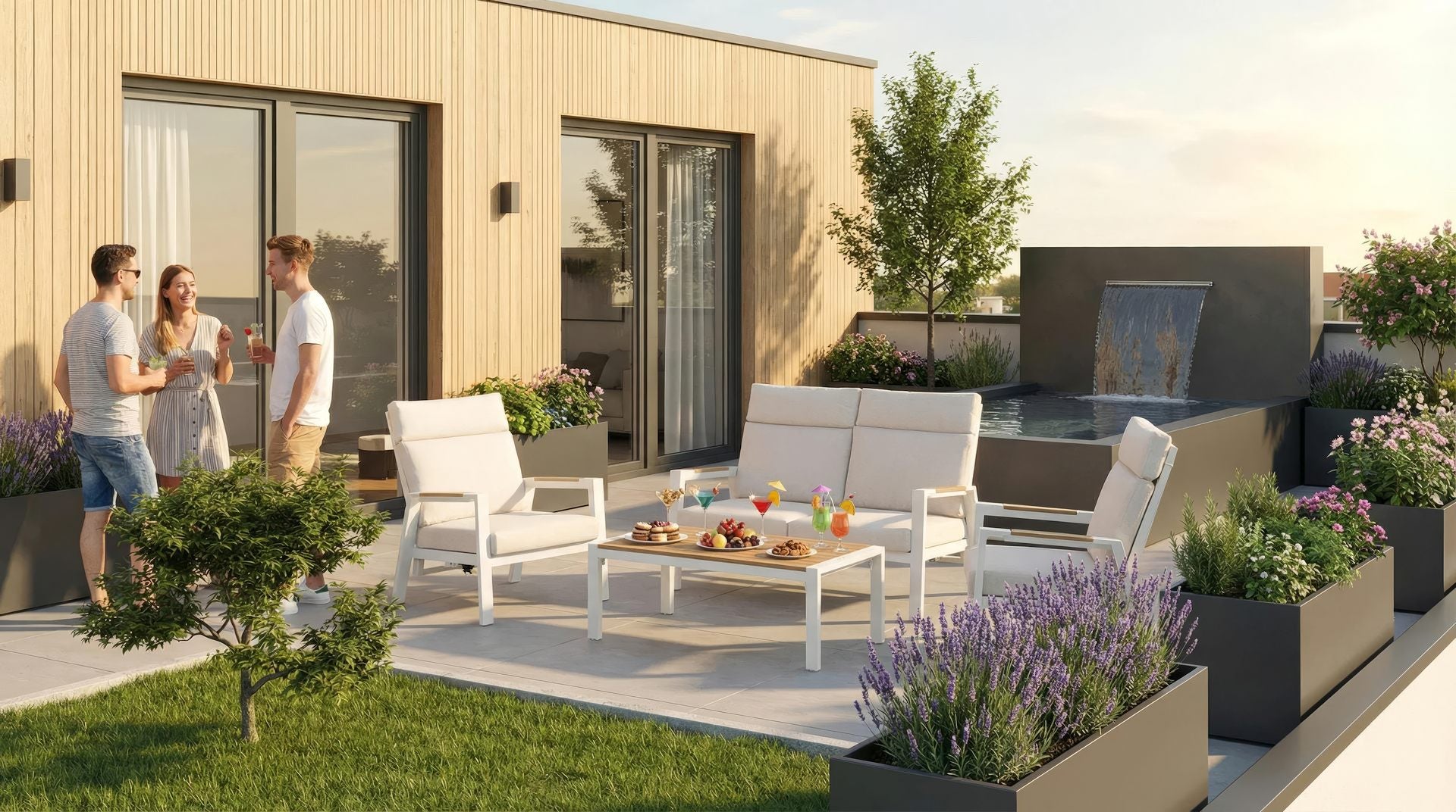 Loungegruppe Adrian mit weißem Aluminiumgestell, beigen Kissen und Couchtisch mit Holzdekor-Tischplatte.