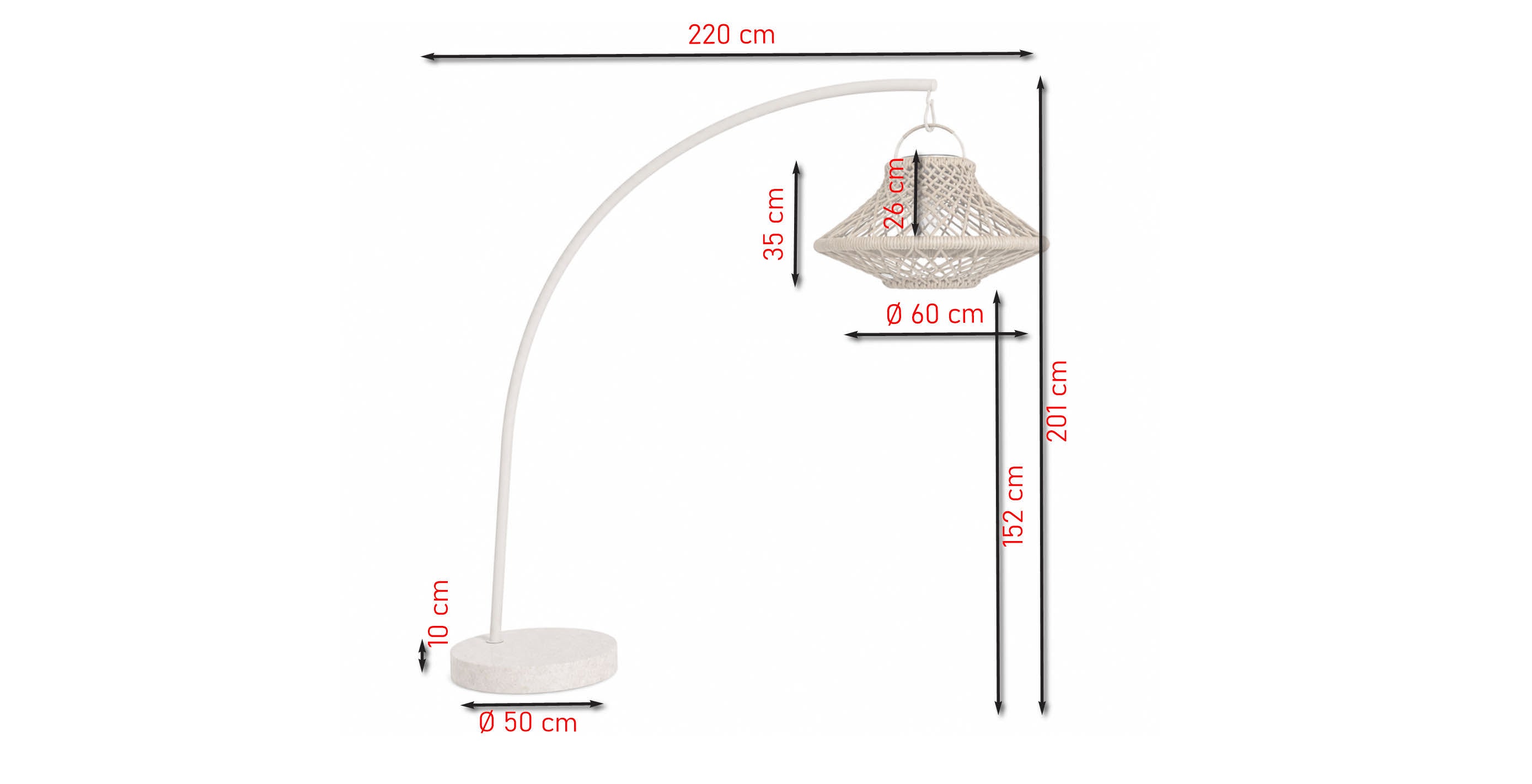 Arie Solar-Hängelampe mit Aluminiumgestell in Ivory, Lampenschirm aus schlammgrauen Textilschnüren und massivem Granitsockel für Garten und Terrasse