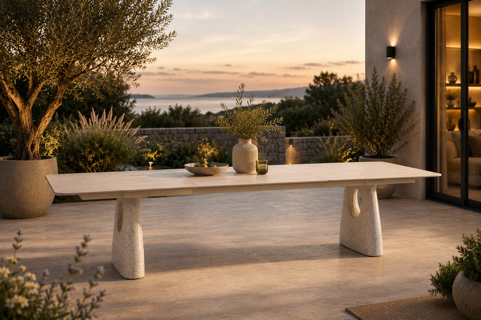Ausziehbarer Gartentisch Ben mit Sinterstone-Tischplatte in Travertinoptik und Designbeinen in heller Granitoptik