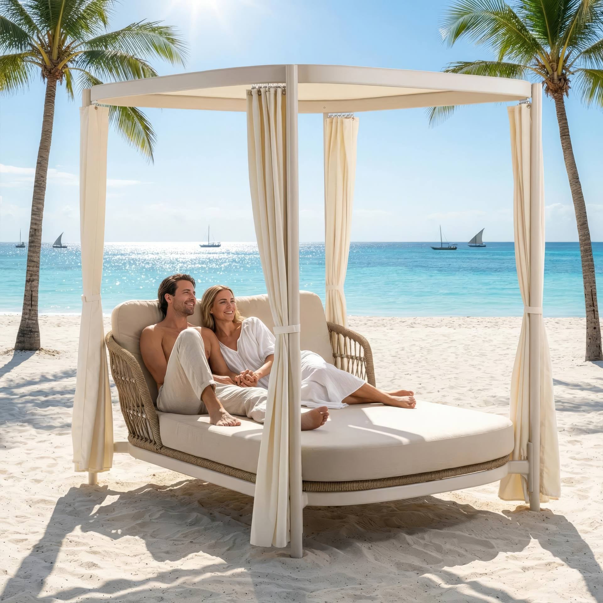 Daybed Benito mit weißem Aluminiumgestell, Naturgeflecht und individuell verschiebbaren Vorhängen.