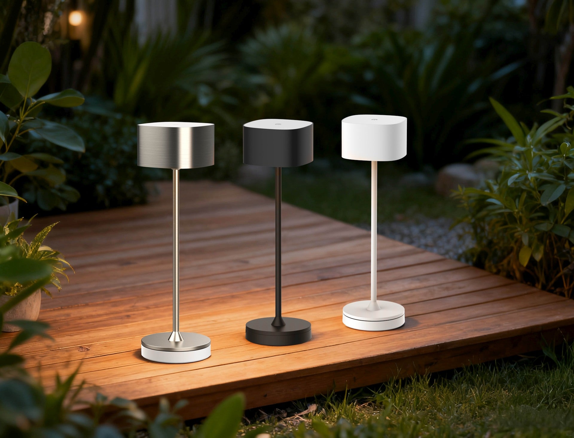 LED Tischlampe Bright für Outdoor und Indoor mit Akku, Touch-Dimmung und Ladeplatte in Schwarz, Silber oder Weiß