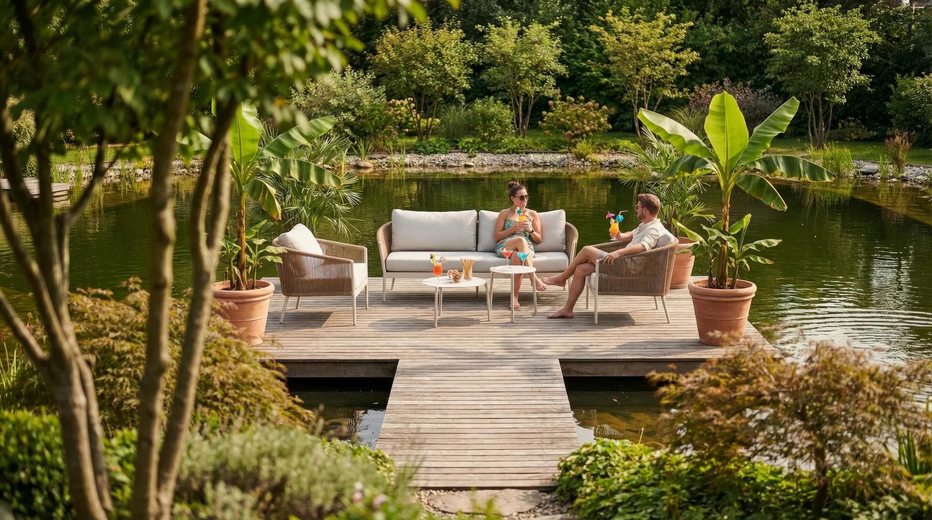 Loungegruppe Cassidy mit Aluminiumgestell in Ivory, sandfarbenen Textilschnüren, hellen Polstern und zwei Couchtischen.