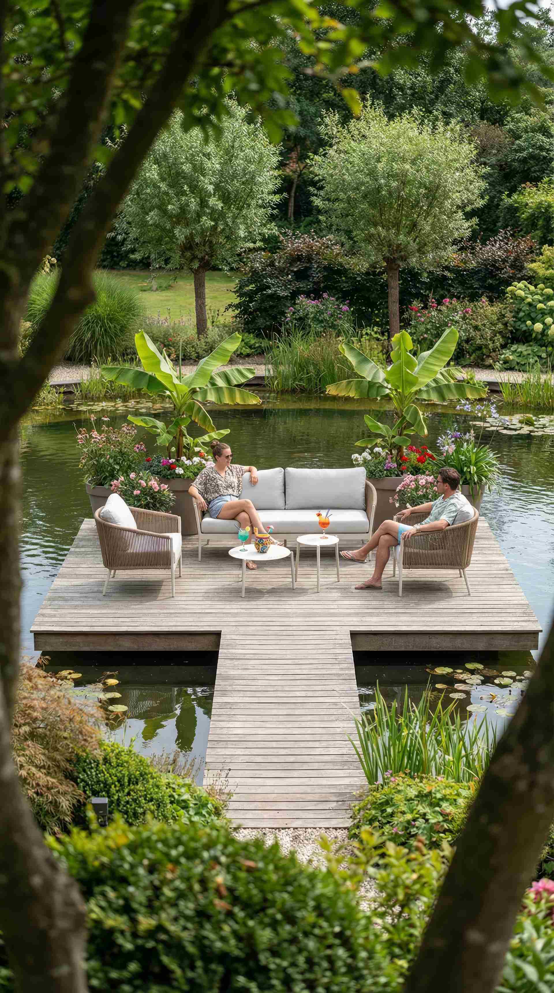 Loungegruppe Cassidy mit Aluminiumgestell in Ivory, sandfarbenen Textilschnüren, hellen Polstern und zwei Couchtischen.