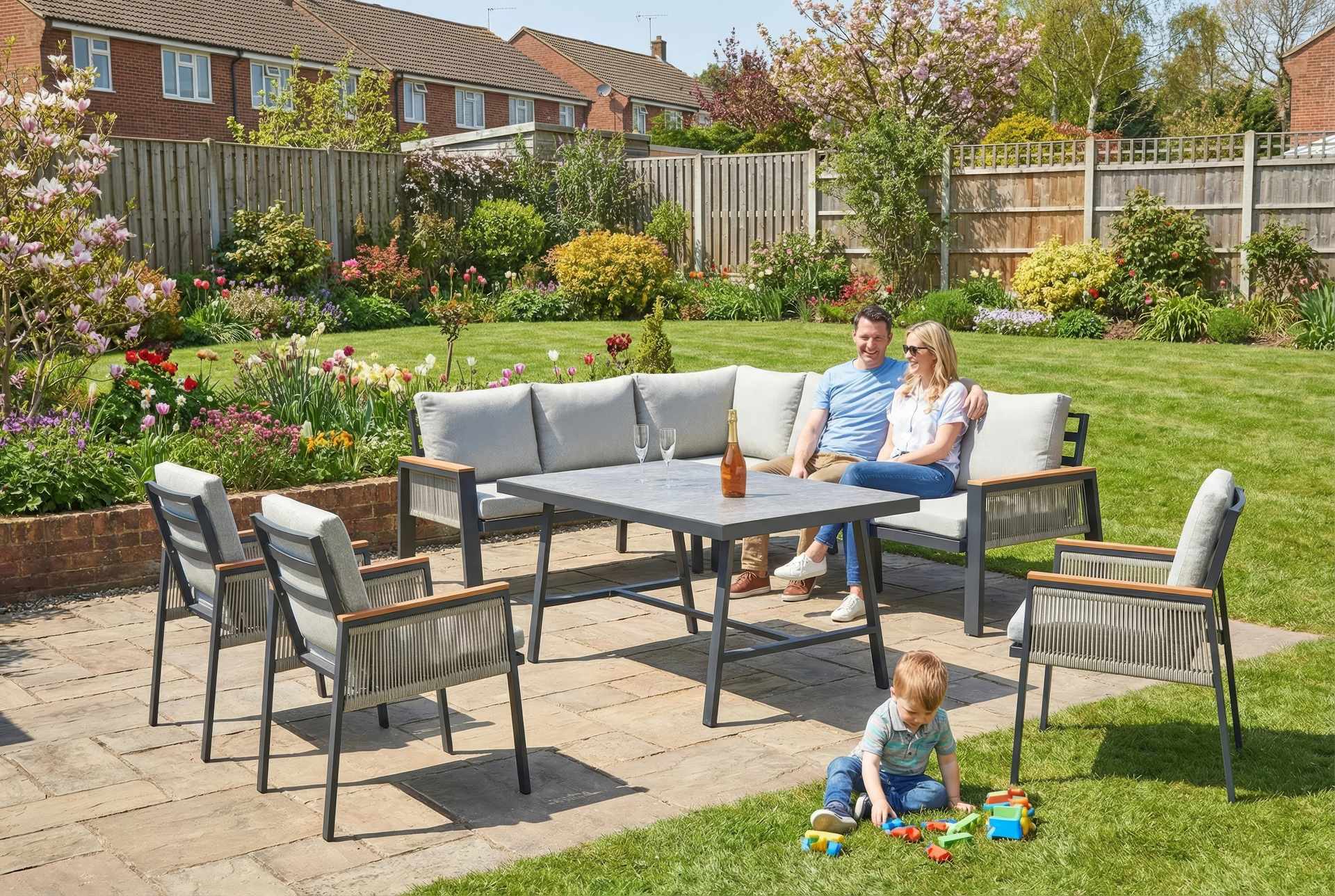 Chiara Eckbankgruppe mit anthrazitfarbenem Aluminiumgestell und Polywood-Armstützen in Teak-Optik, beige Textilschnüre und hellgraue Kissen, inklusive Tisch, bei Gartenmoebelshop.at verfügbar