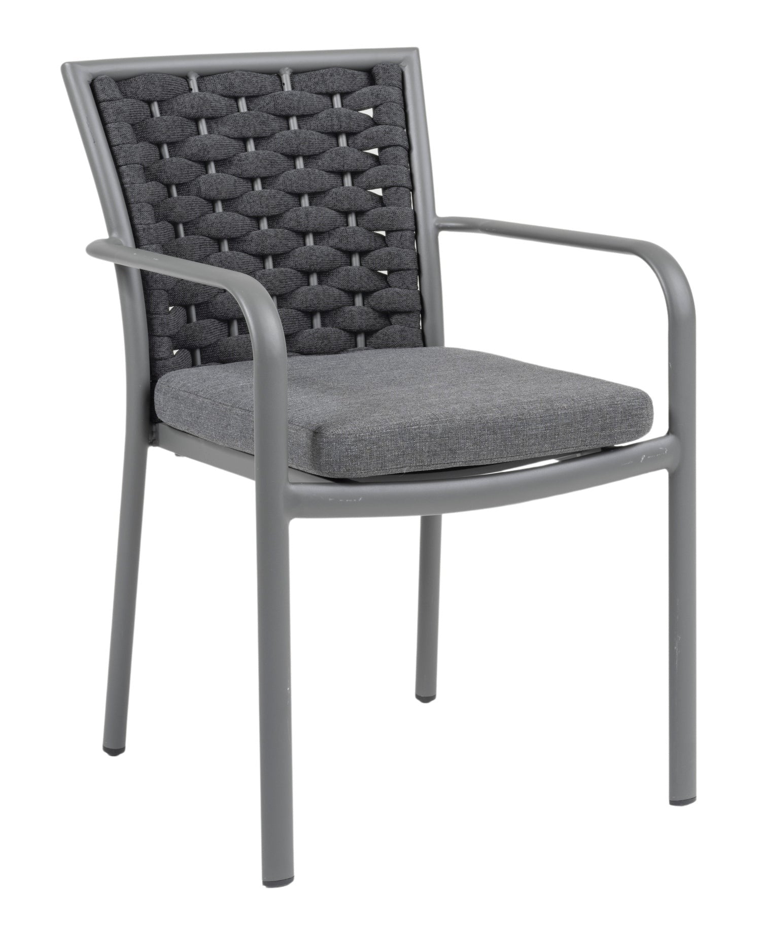 Stilvoller 'Clara' Armstuhl mit grauem Metallgestell und schwarz-grau melierten, schnell trocknenden Textilschnüren, gepaart mit einem bequemen grauen Sitzkissen, angeboten von Gartenmoebelshop.at - Hintergrund weiß