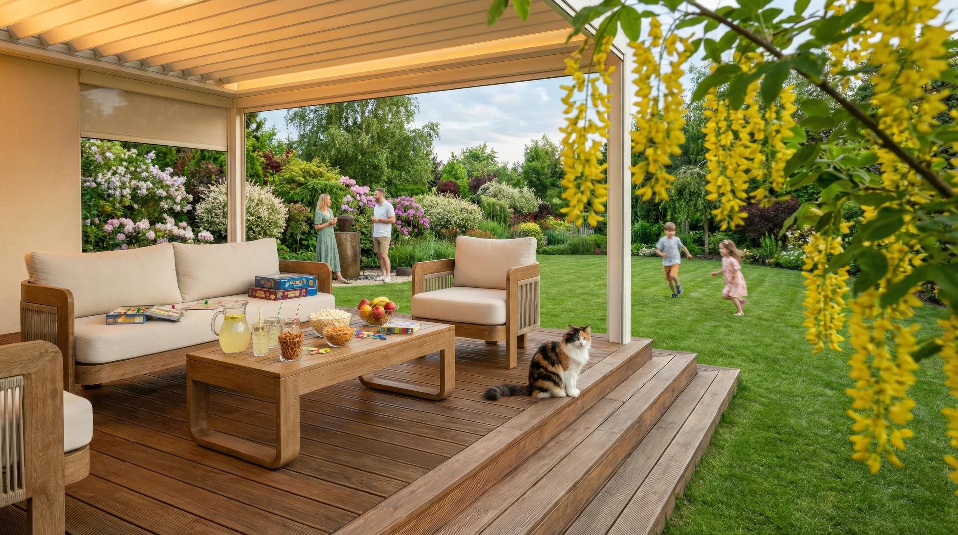 Loungegruppe Dorian mit Aluminium Wood Finish, Textilschnüren und beigen Outdoor-Kissen