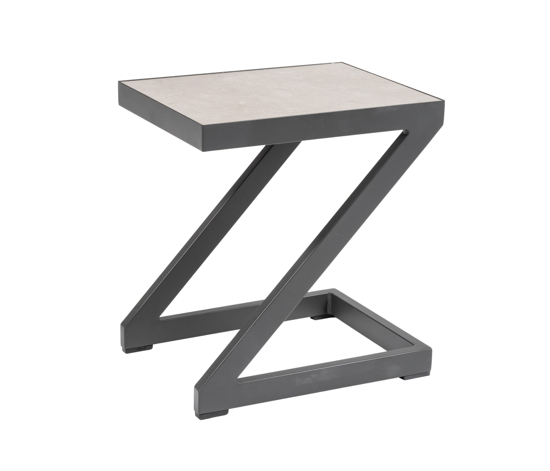 Beistelltisch Elijah mit Aluminiumgestell in Anthrazit und Sinterstone-Platte in Stein-Grau.