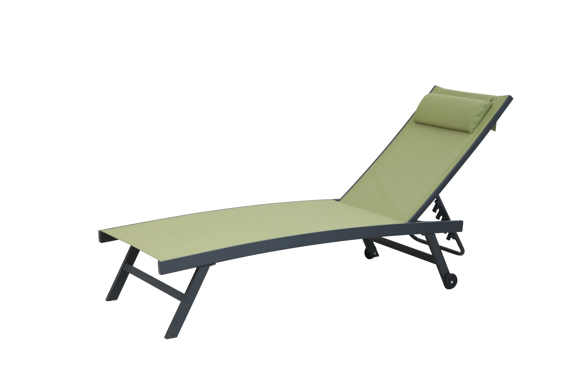 Sonnenliege Gennaro mit anthrazitfarbenem Aluminiumgestell und grüner Textilenbespannung, mit integrierter Kopfstütze und Rollen, verstellbar – ideal für stilvolles Entspannen im Außenbereich.