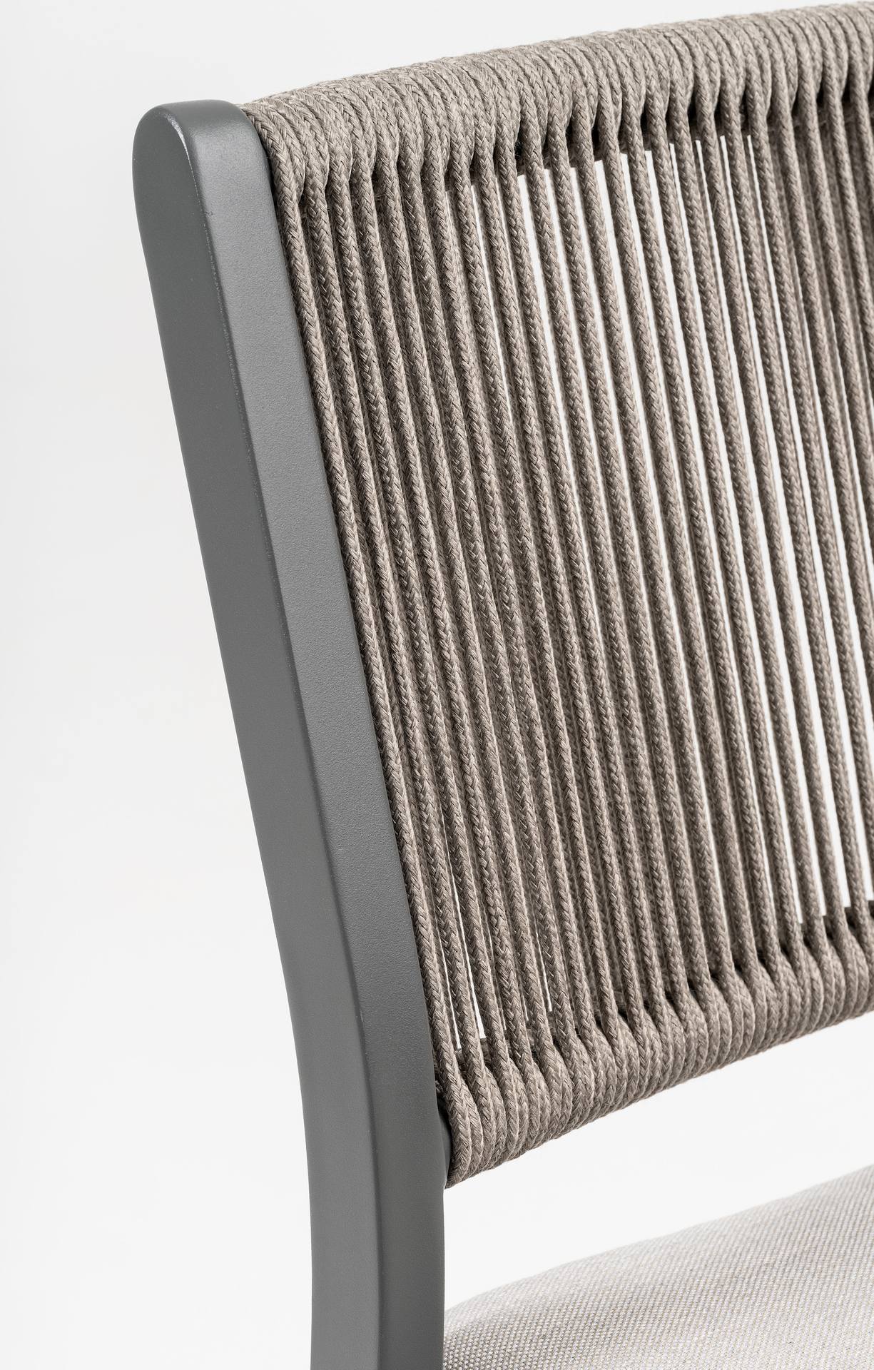 Harvey Barhocker aus Aluminium anthrazit mit grauen Textilschnüren und hellgrauem Sitzkissen