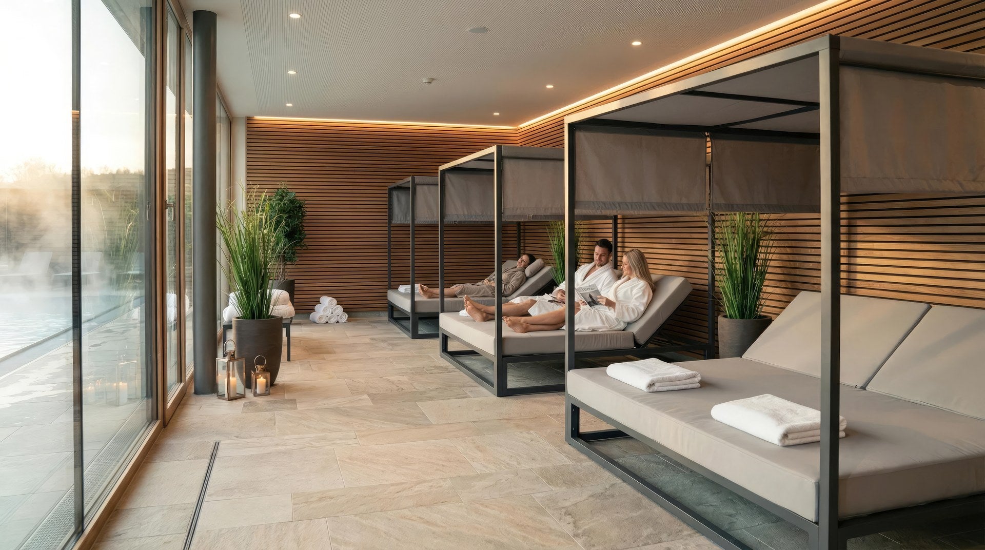 Daybed Indira mit Aluminium-Gestell in Anthrazit, grauem Sonnendach und hellgrauen, wasserfesten Kissen.