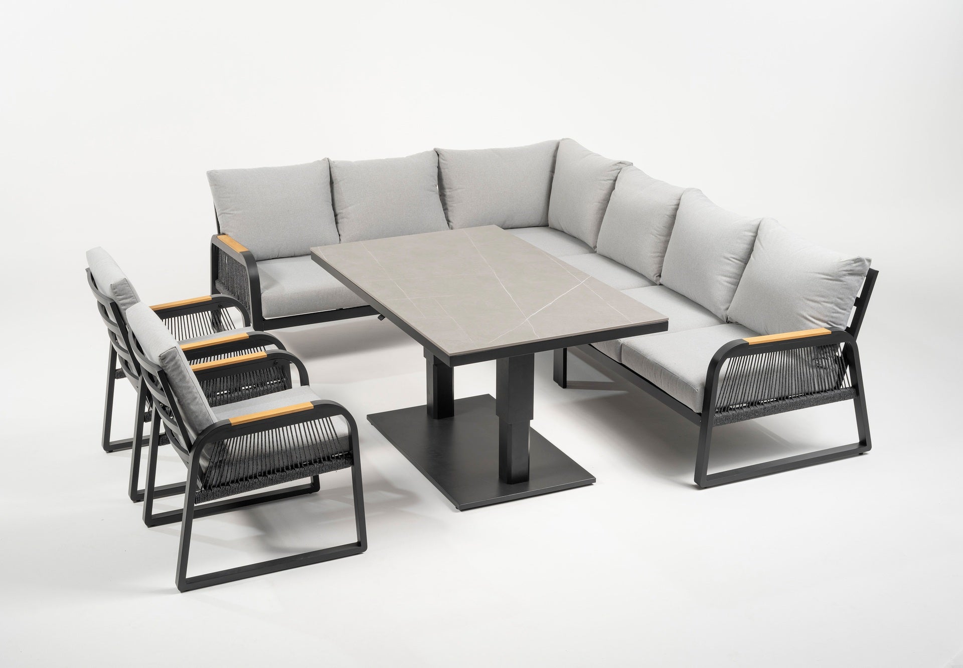 Eckbankgruppe Lara mit höhenverstellbarem Tisch, Sinterstone Tischplatte und Aluminiumgestell in Anthrazit