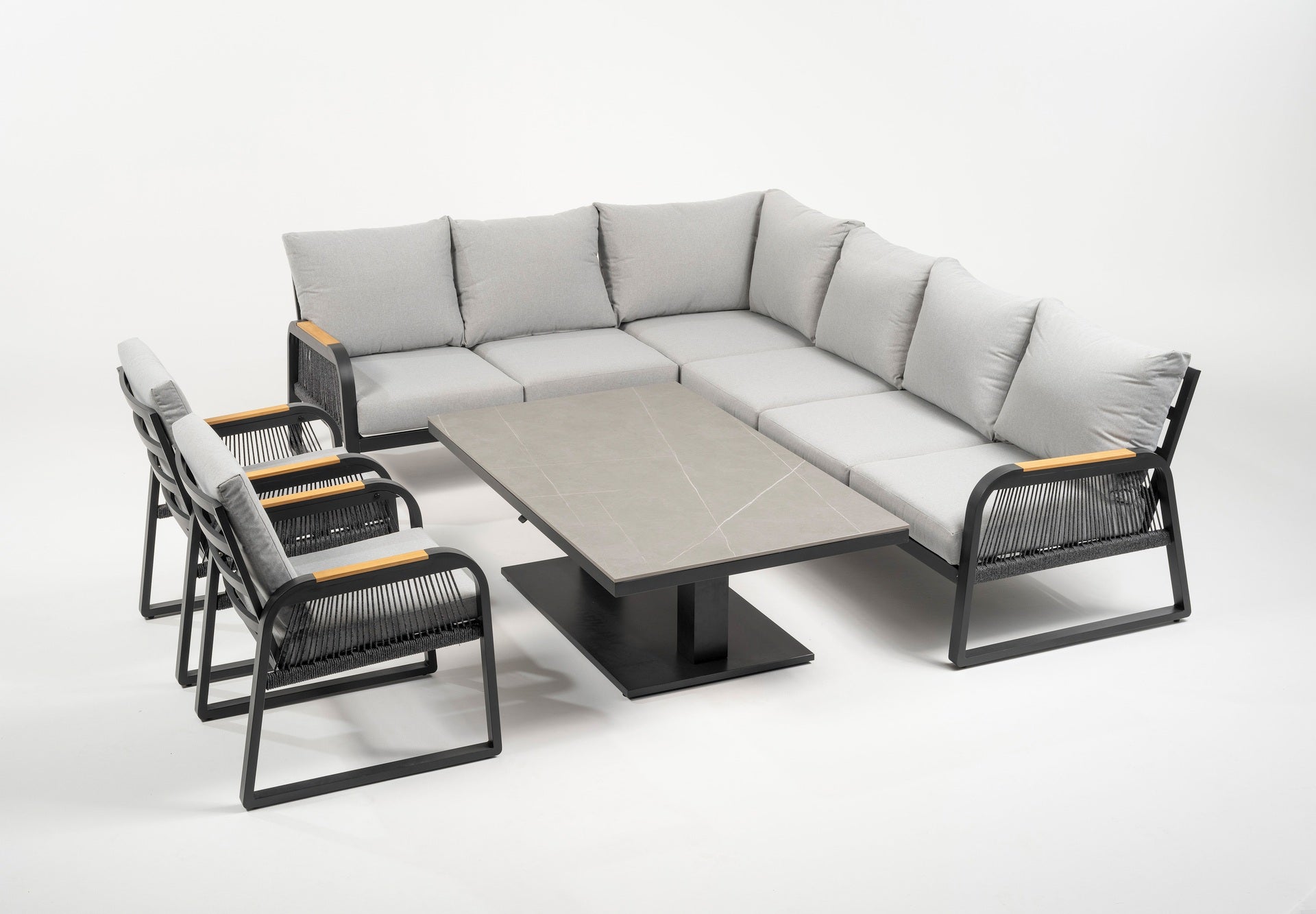 Eckbankgruppe Lara mit höhenverstellbarem Tisch, Sinterstone Tischplatte und Aluminiumgestell in Anthrazit