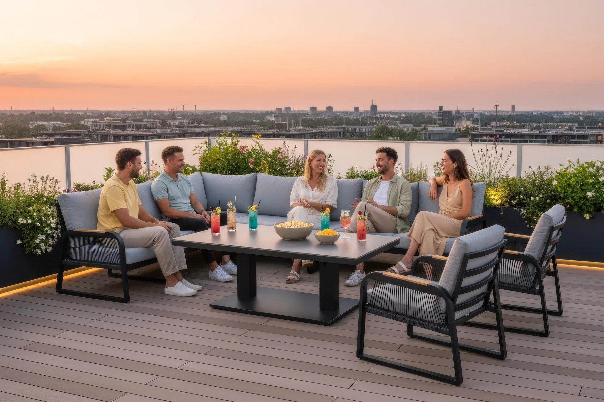 Eckbankgruppe Lara mit höhenverstellbarem Tisch, Sinterstone Tischplatte und Aluminiumgestell in Anthrazit