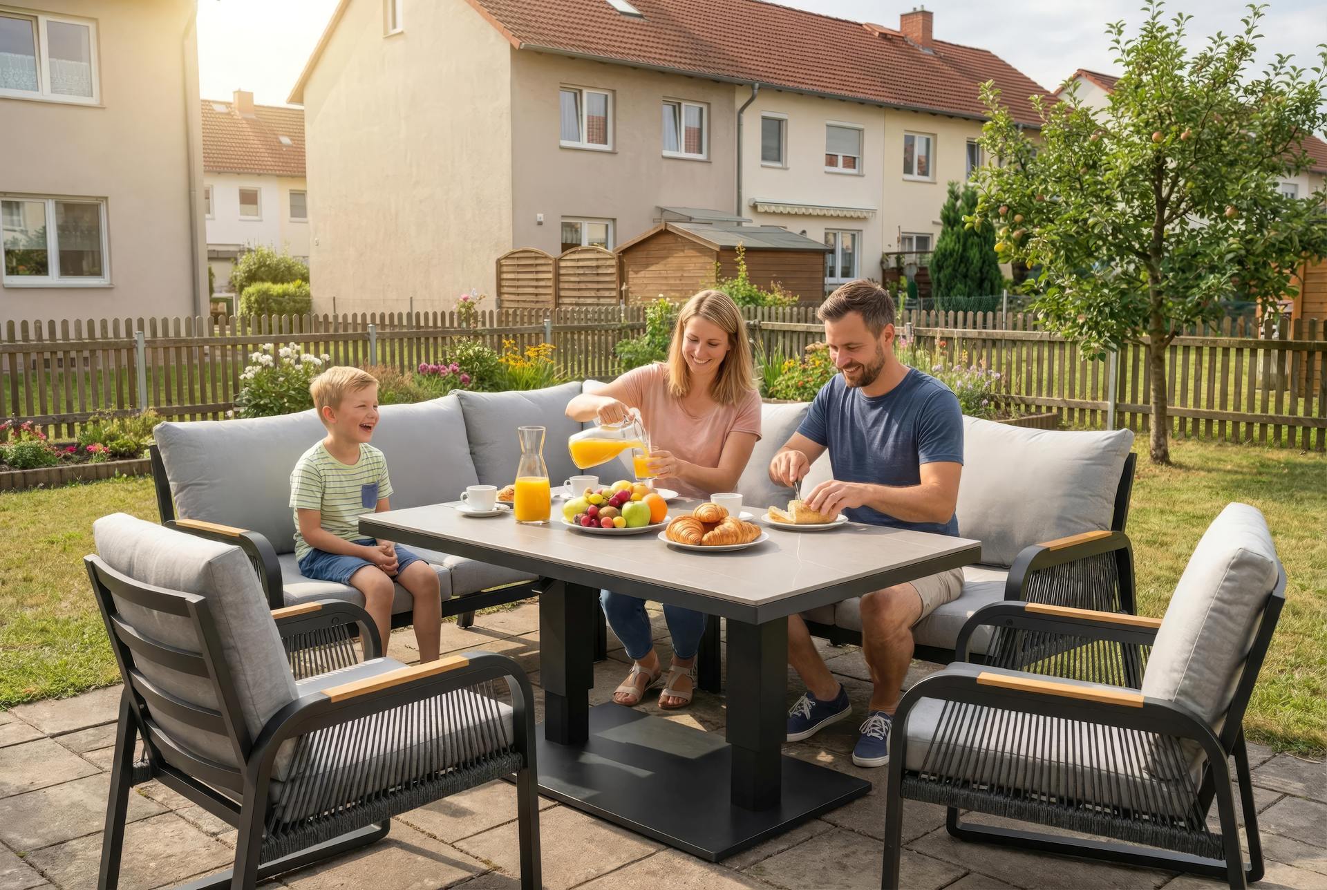 Eckbankgruppe Lara mit höhenverstellbarem Tisch, Sinterstone Tischplatte und Aluminiumgestell in Anthrazit