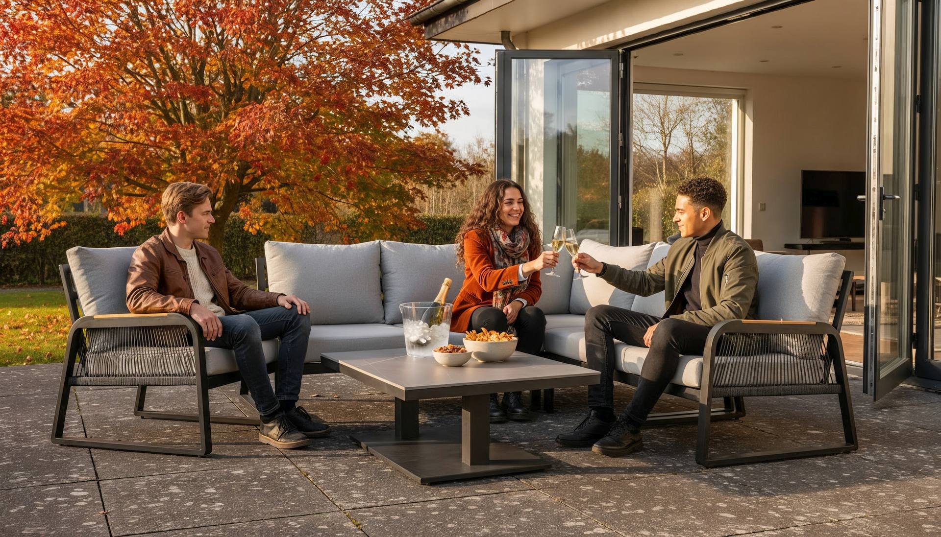 Eckbankgruppe Lara mit höhenverstellbarem Tisch, Sinterstone Tischplatte und Aluminiumgestell in Anthrazit