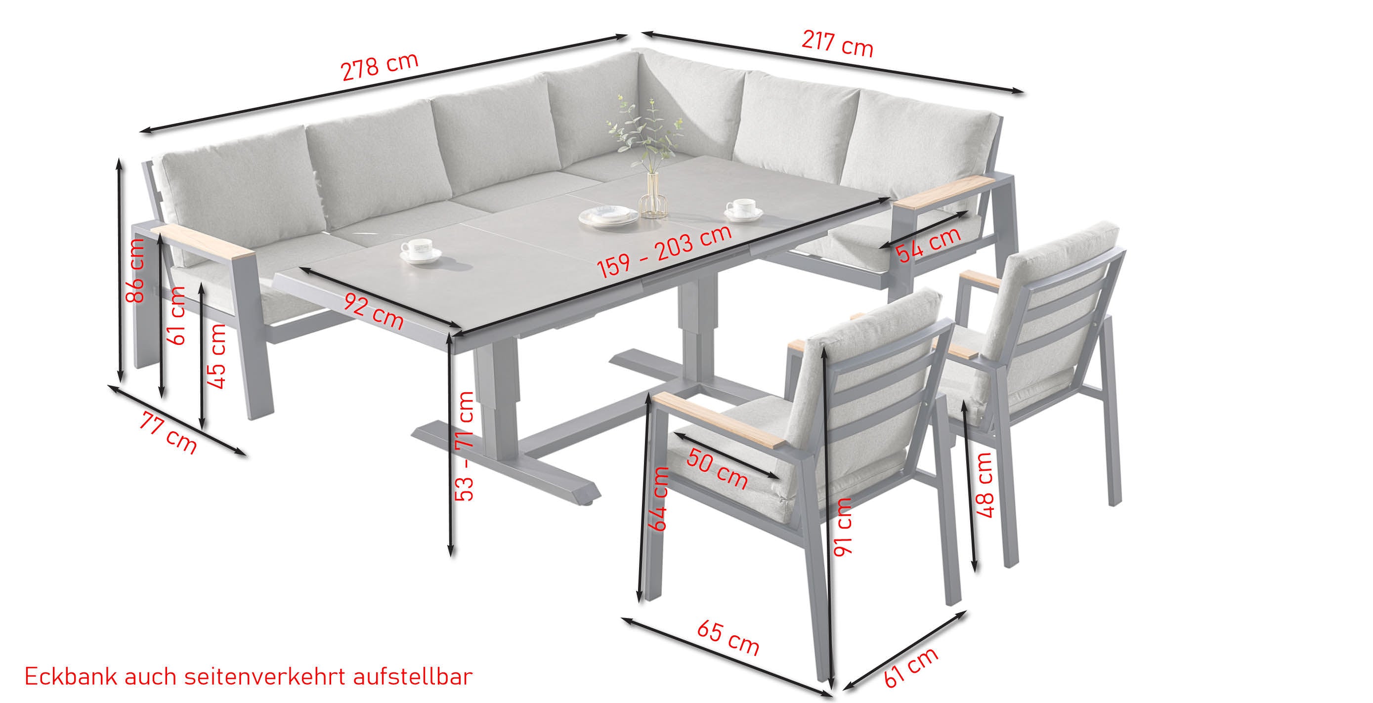 Leon Eckbankgruppe aus Aluminium mit Teakholz-Armlehnen und höhenverstellbarem Sinterstone-Tisch