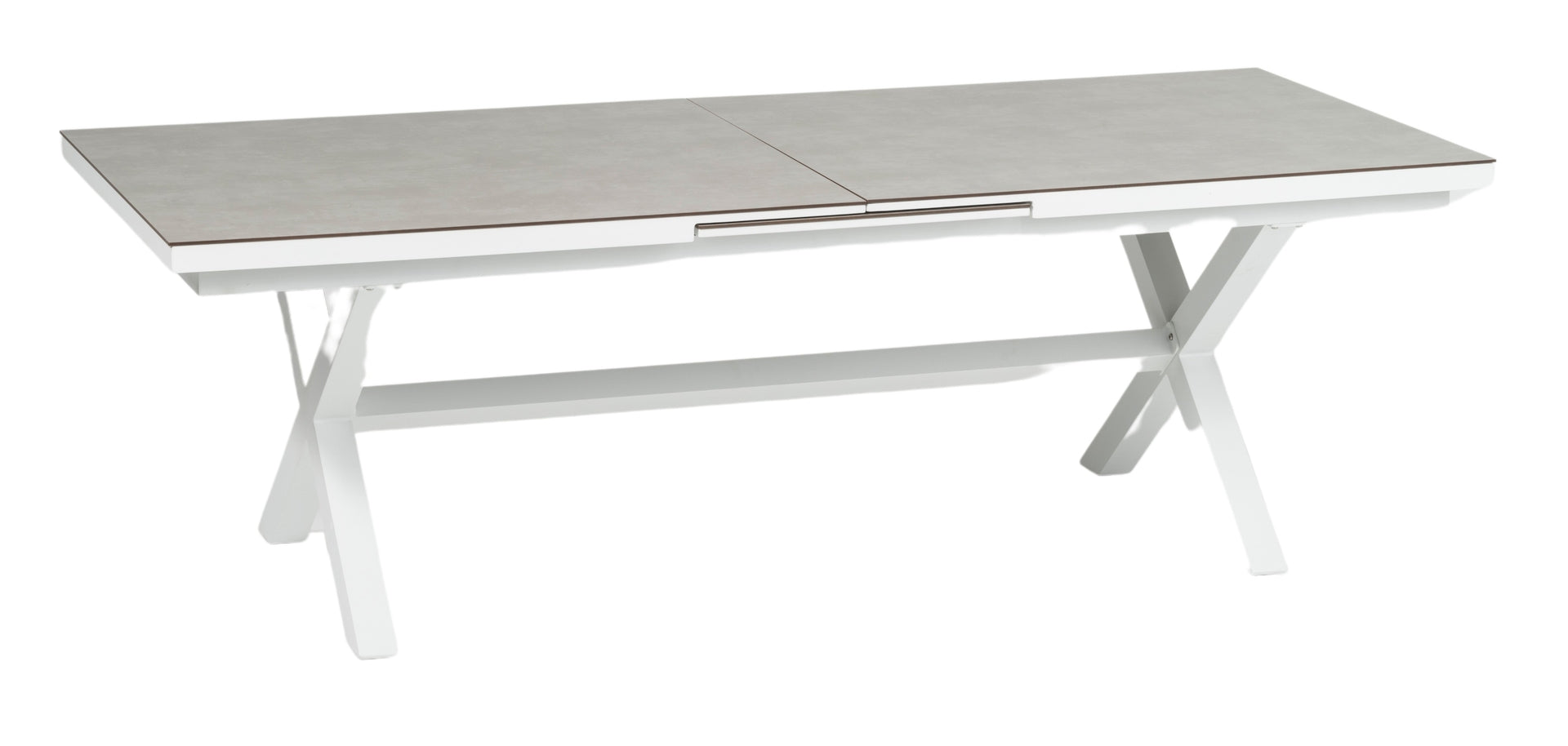 Stilvoller 'Lexy' Gartentisch in weißem Steindekor mit HPL-Platte und innovativem Synchronauszug, verfügbar bei Gartenmoebelshop.at
