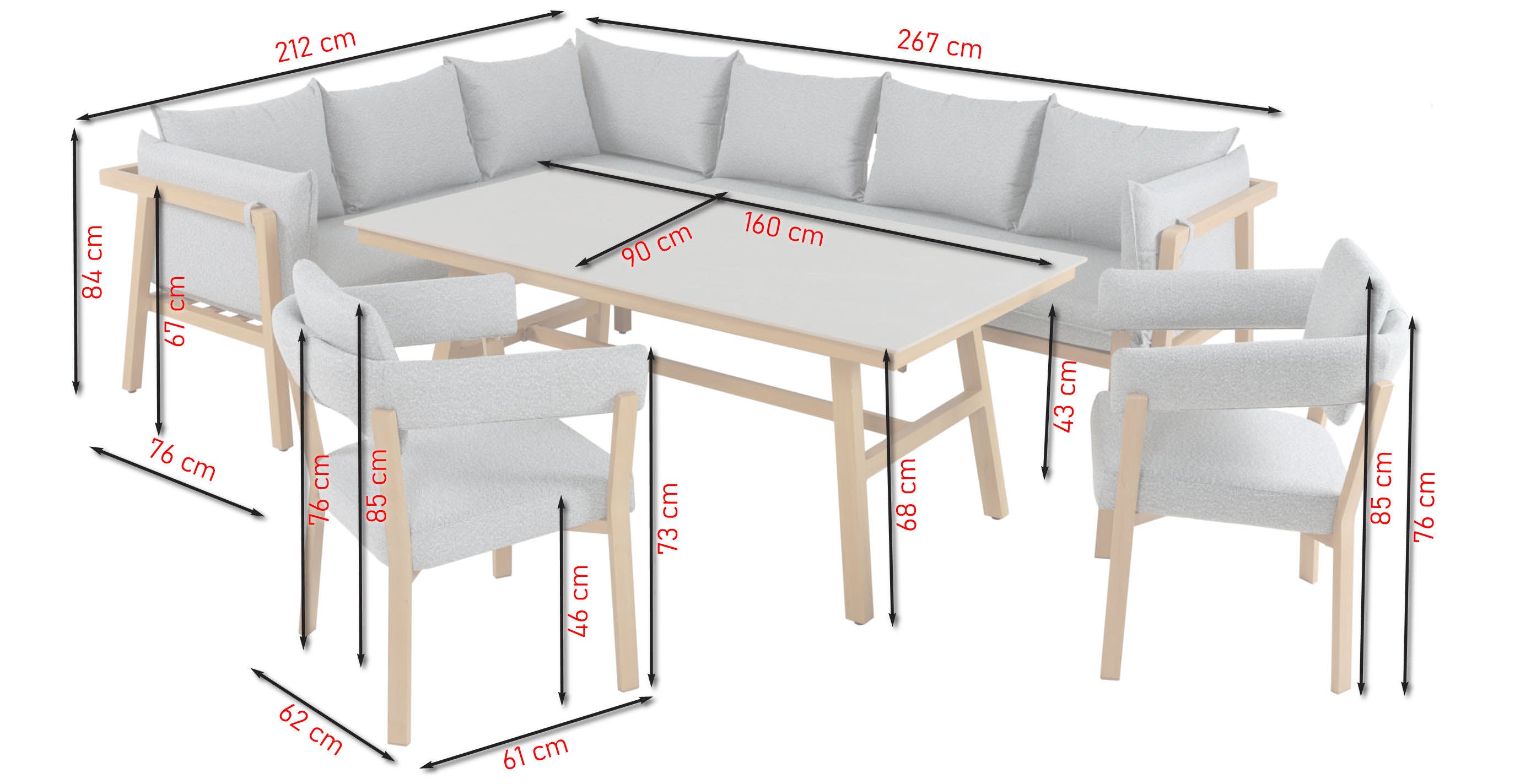 Maja Eckbankgruppe in Holzoptik mit Sinterstone-Tischplatte und grauen Polstern