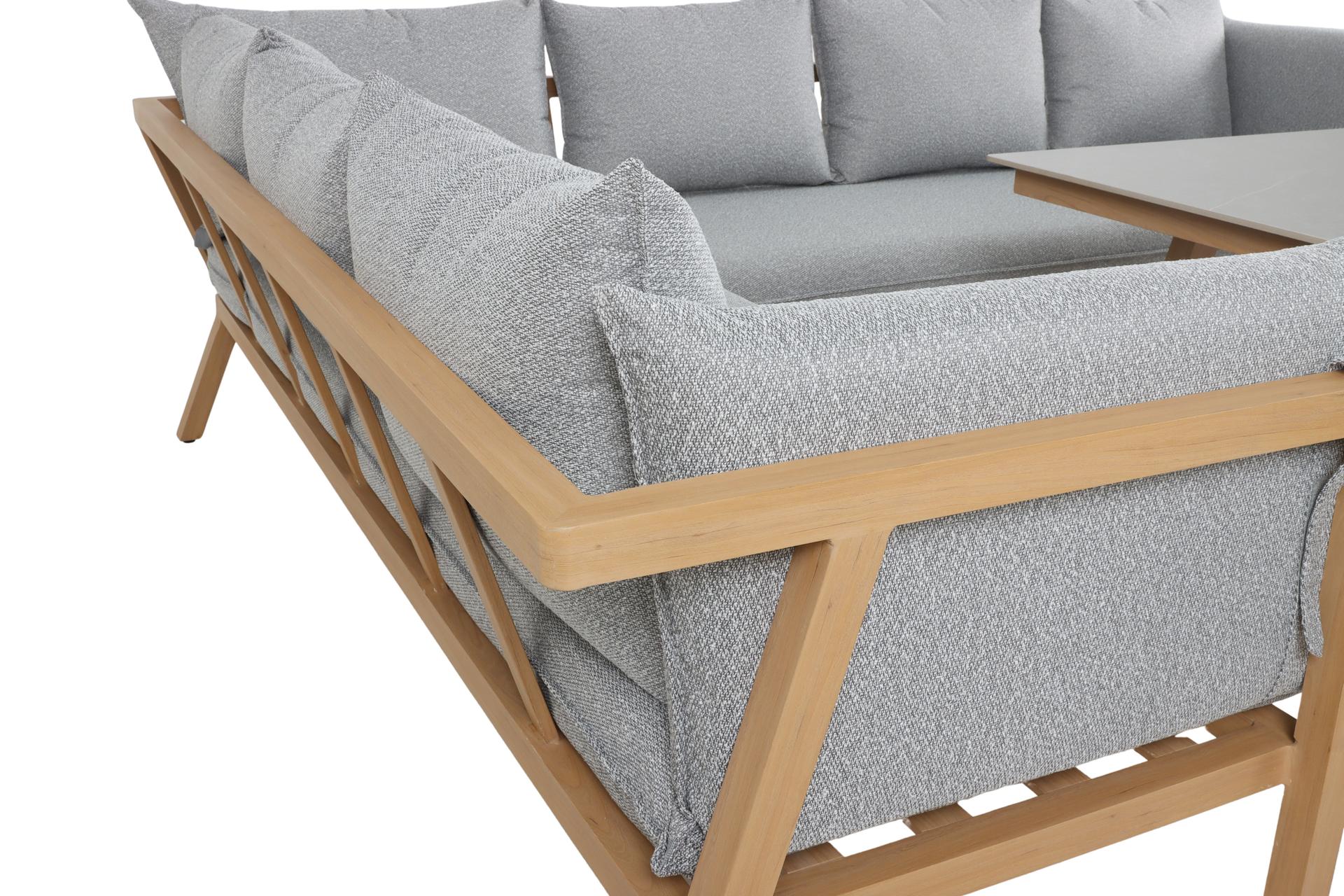 Maja Eckbankgruppe in Holzoptik mit Sinterstone-Tischplatte und grauen Polstern