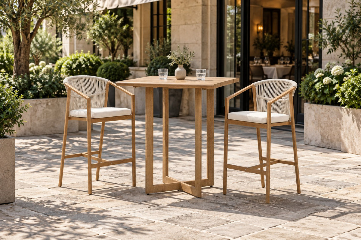 Malea quadratischer Bartisch mit zwei Barhockern, hellbrauner Schnurbespannung und beigen Kissen
