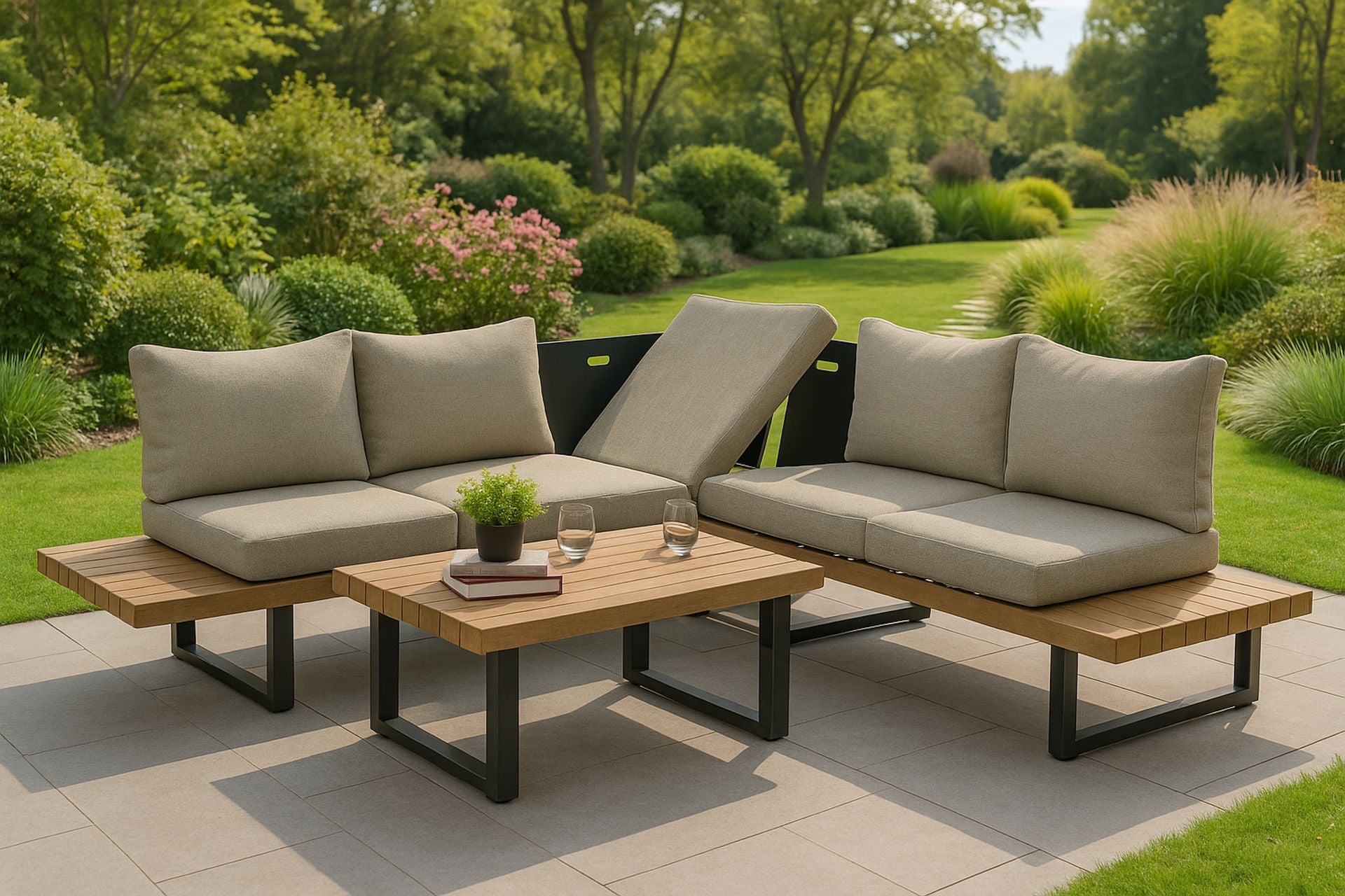 Loungegruppe Marleen mit anthrazitfarbenem Gestell & Oak-Finish – wetterfeste Gartenlounge mit klappbarer Liege & grauen Polstern