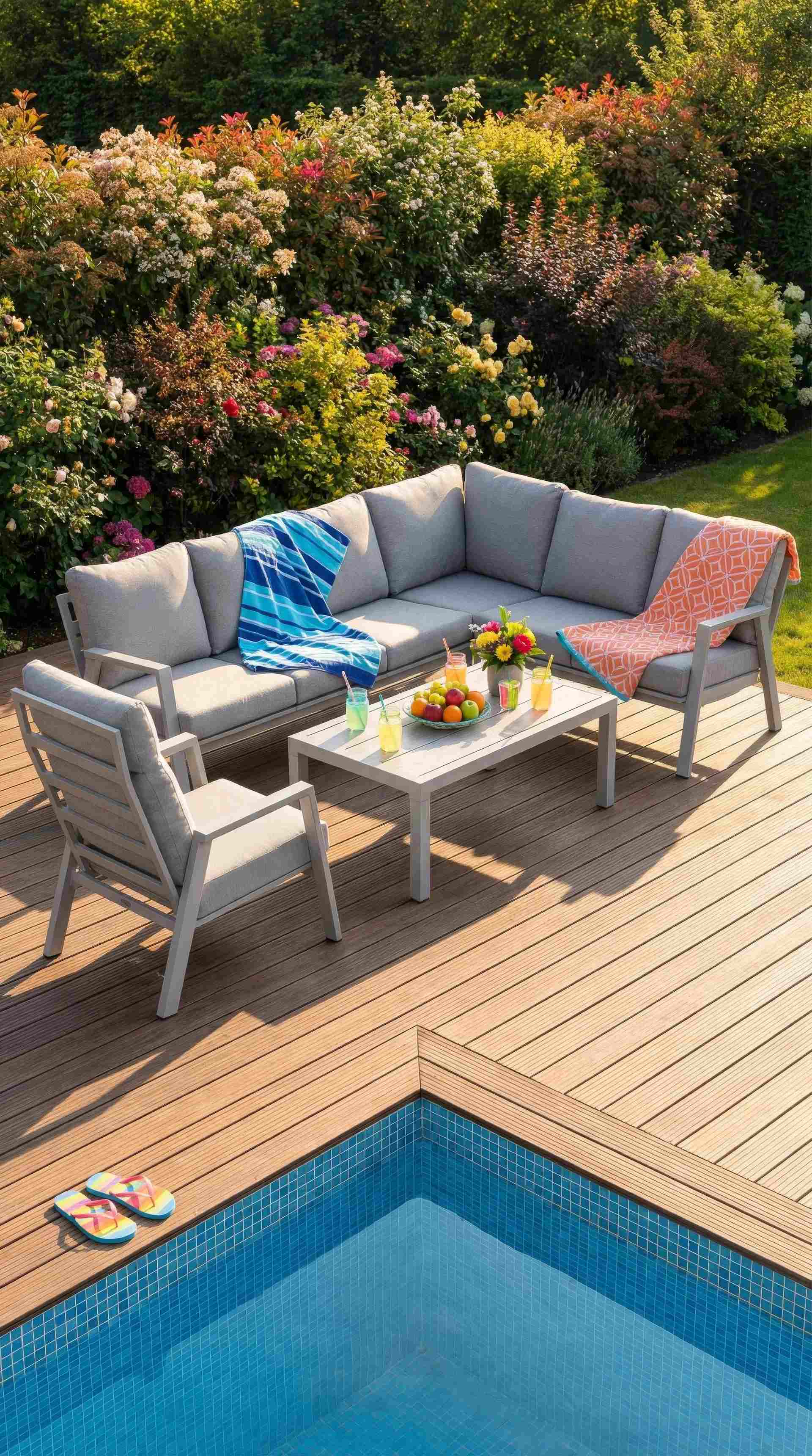 Gartenlounge Marquez mit hellgrauem Aluminiumgestell, beigen Kissen und Couchtisch mit Keramikplatte in Holzoptik.