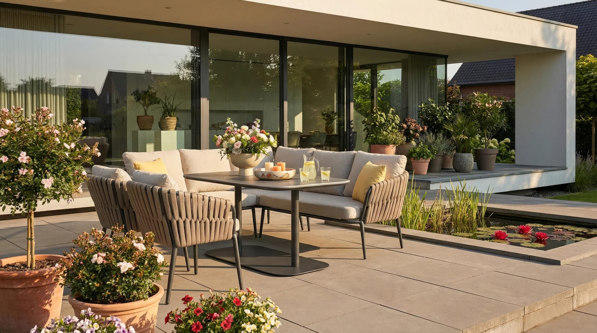 Nero Eckbankgruppe mit Sinterstone Tischplatte, taupefarbenen Textilschnüren und Aluminiumgestell – Gartenmöbelshop.at