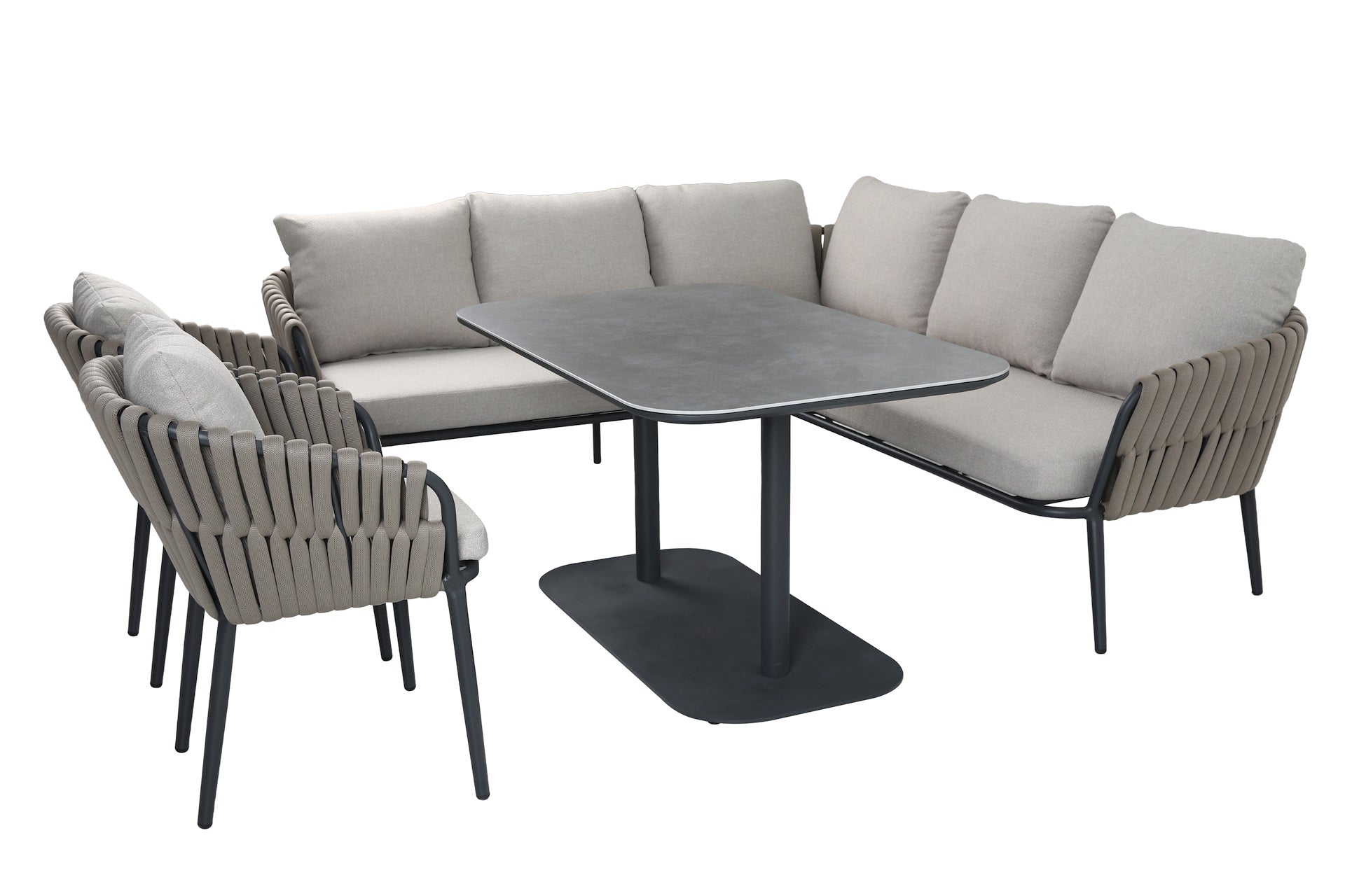 Nero Eckbankgruppe mit Sinterstone Tischplatte, taupefarbenen Textilschnüren und Aluminiumgestell – Gartenmöbelshop.at