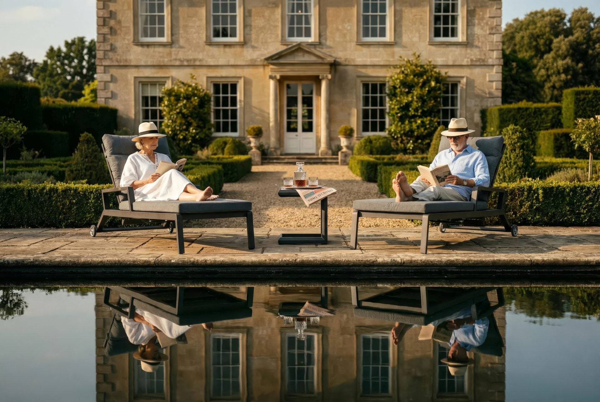 Sonnenliege Nicosia aus Aluminium in Anthrazit mit gepolsterter Auflage, Gasfeder-Rückenlehne und Rollen für den Außenbereich