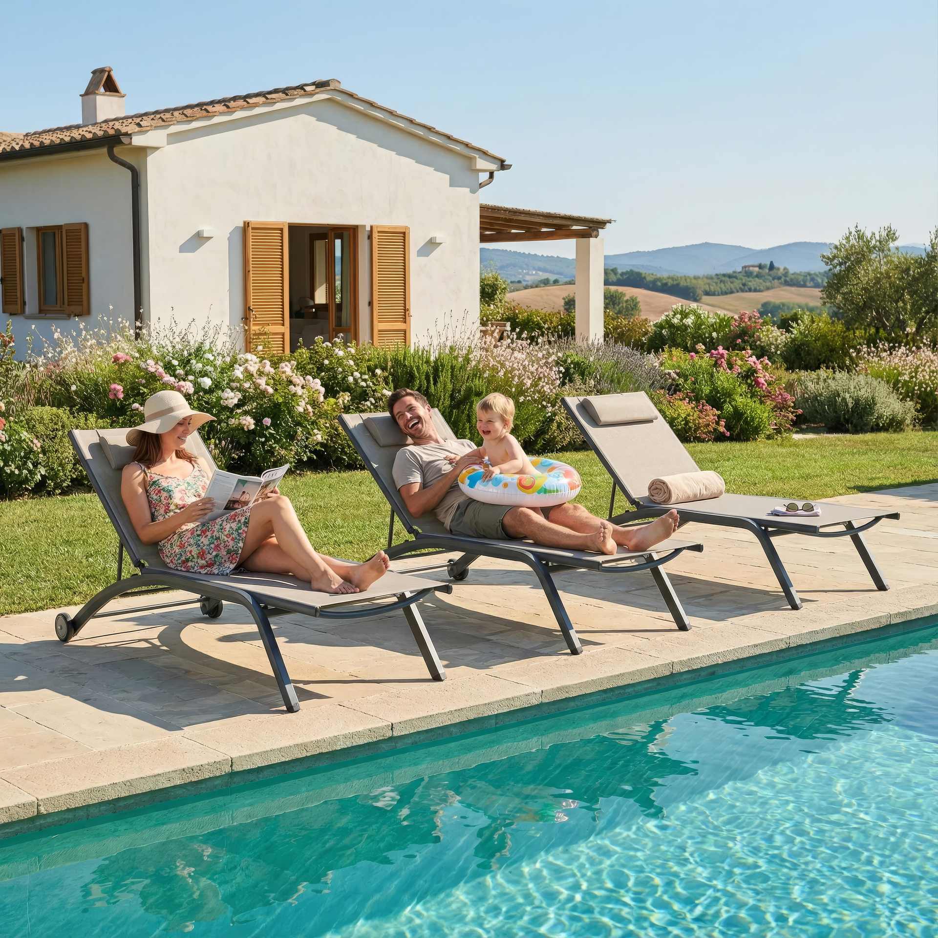 Sonnenliege Philina aus Aluminium in Anthrazit mit Textilen-Bespannung, verstellbarer Rückenlehne und Rollen für Garten und Poolbereich