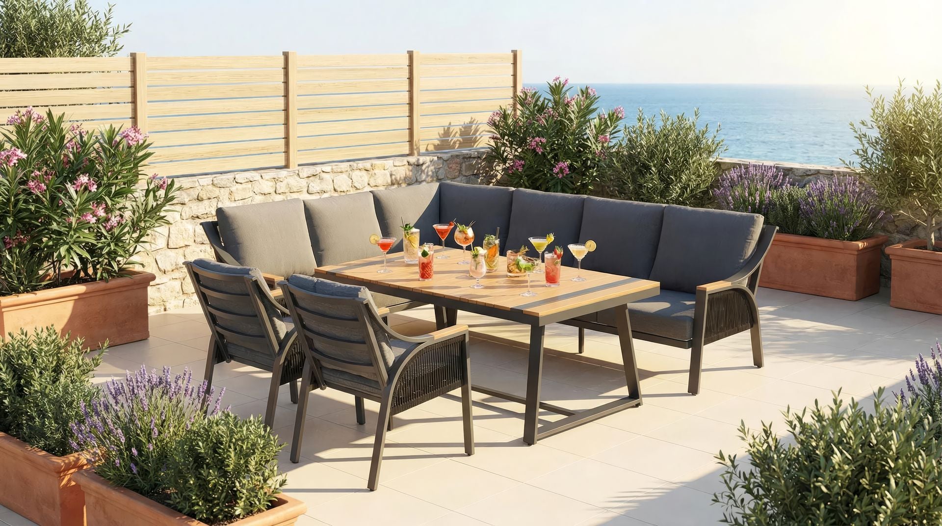 Phoenix Garteneckbankgruppe in Anthrazit und Ivory mit Thermo-Holz und wetterfesten Kissen.