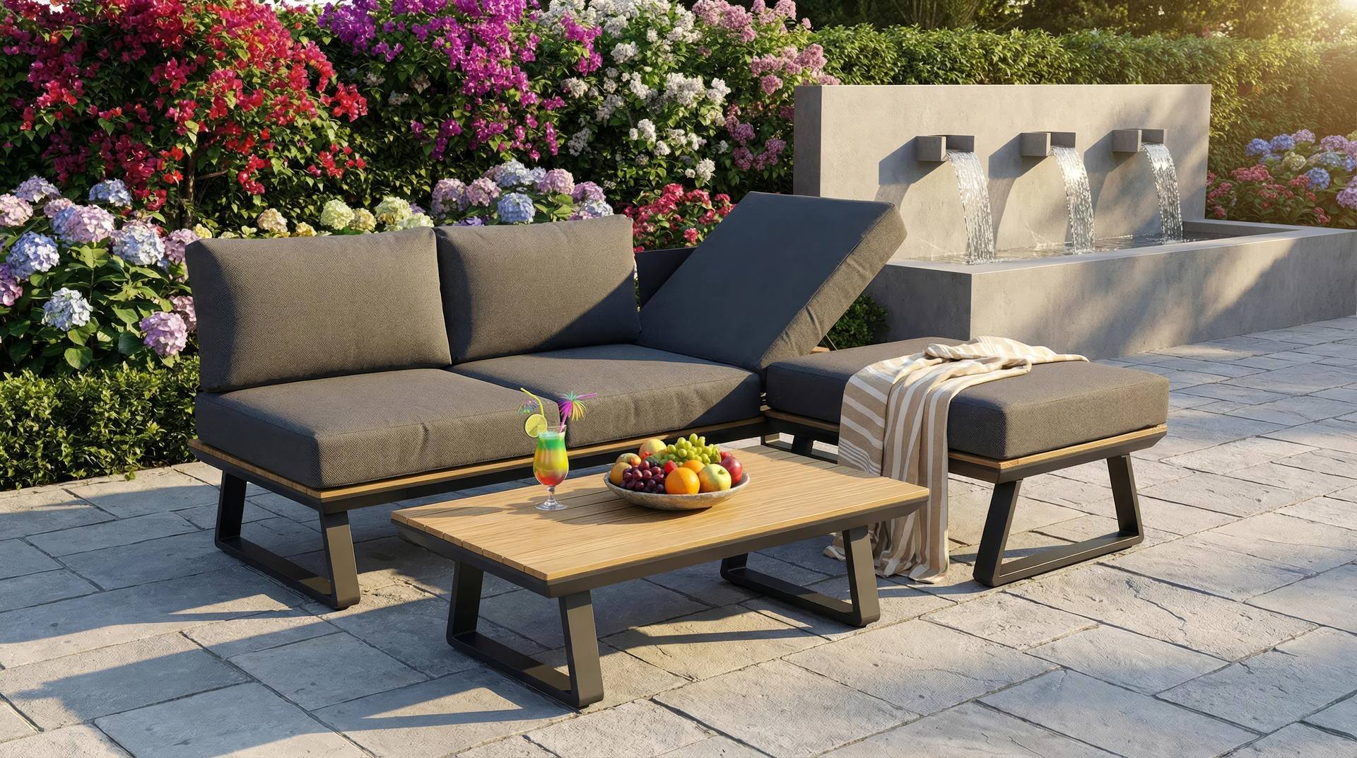 Pina Loungegruppe mit anthrazitfarbenem Aluminiumgestell, grauen Polstern und Pinienholz-Tischplatte.