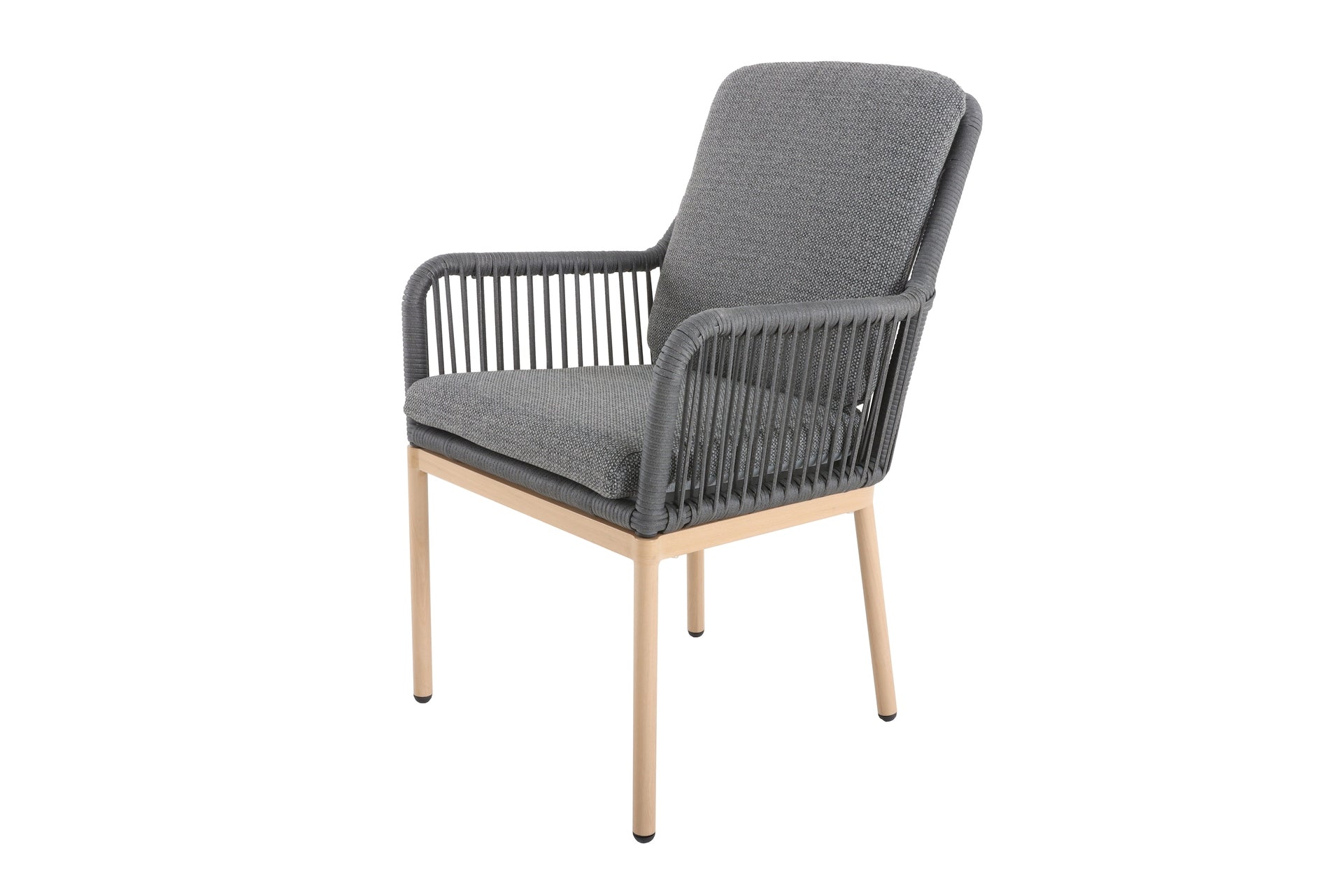 Poppy Eckbankgruppe mit höhenverstellbarem Tisch aus Aluminium, Textilschnüren und dunkelgrauen Polstern – Gartenmöbelshop.at