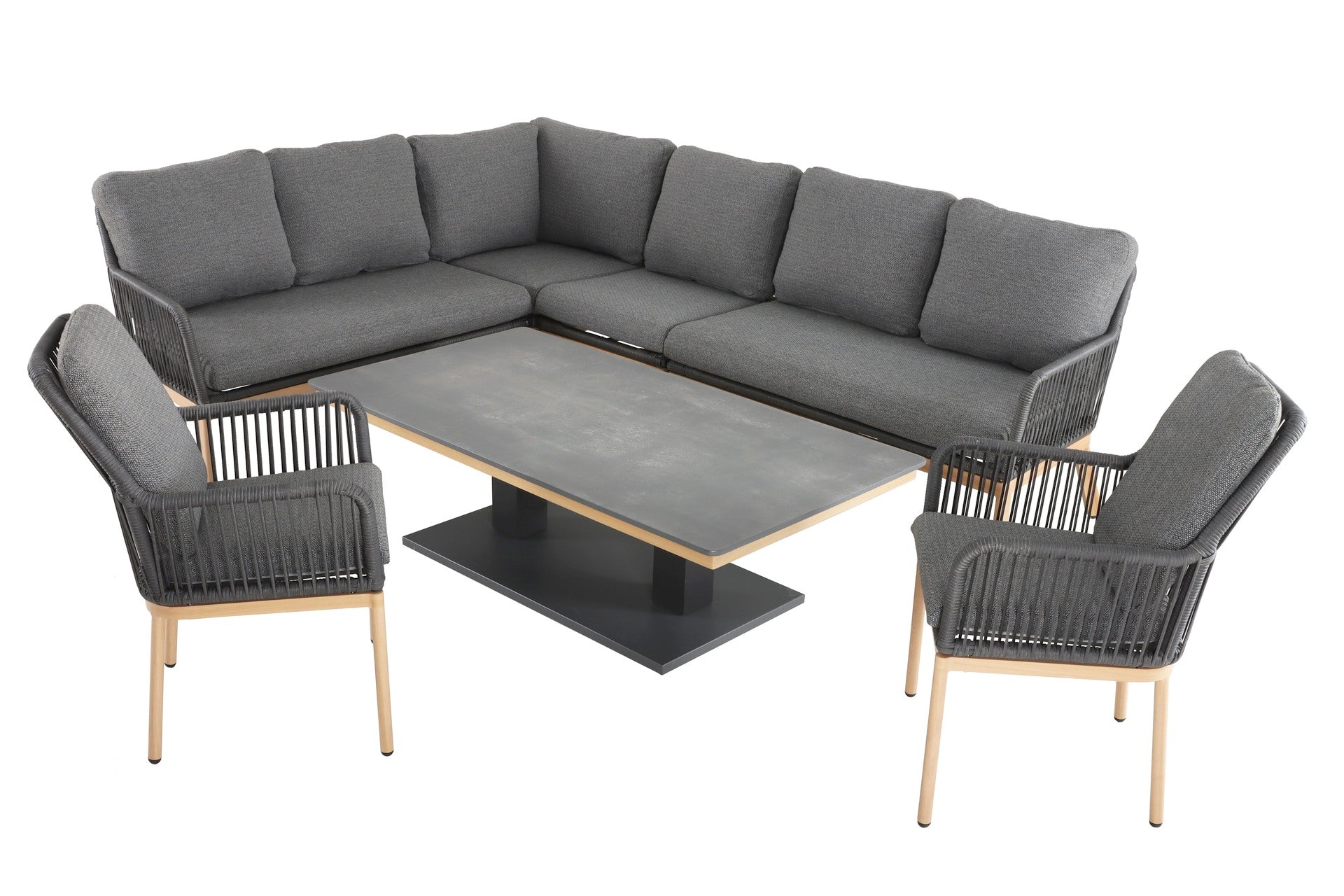 Poppy Eckbankgruppe mit höhenverstellbarem Tisch aus Aluminium, Textilschnüren und dunkelgrauen Polstern – Gartenmöbelshop.at