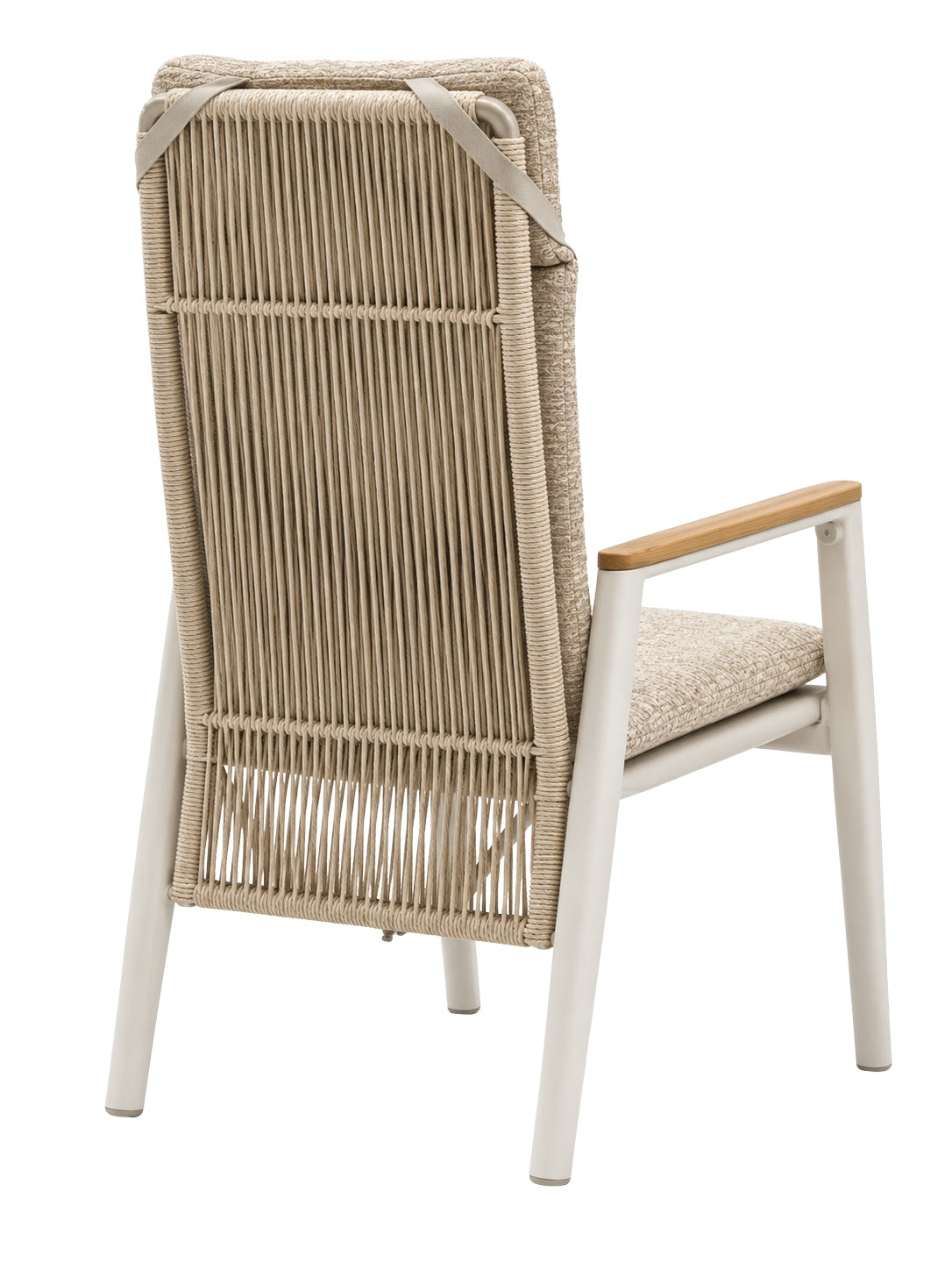 Robin Gartenstuhl-Hochlehner Creme, Teakholzauflagen und beige-braune Polster – Rückenansicht 2