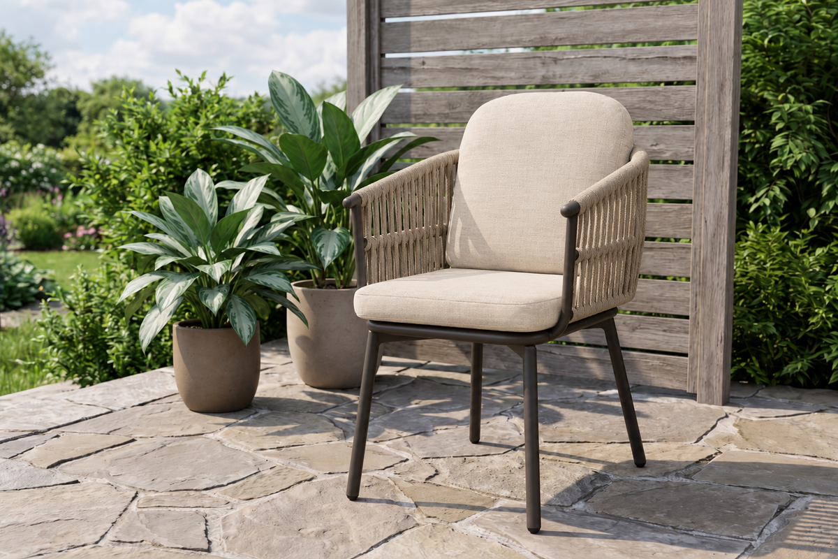 Roxie Gartenstuhl anthrazit – Aluminiumgestell und wasserabweisende Polster in hellem Greige – Ansicht 2