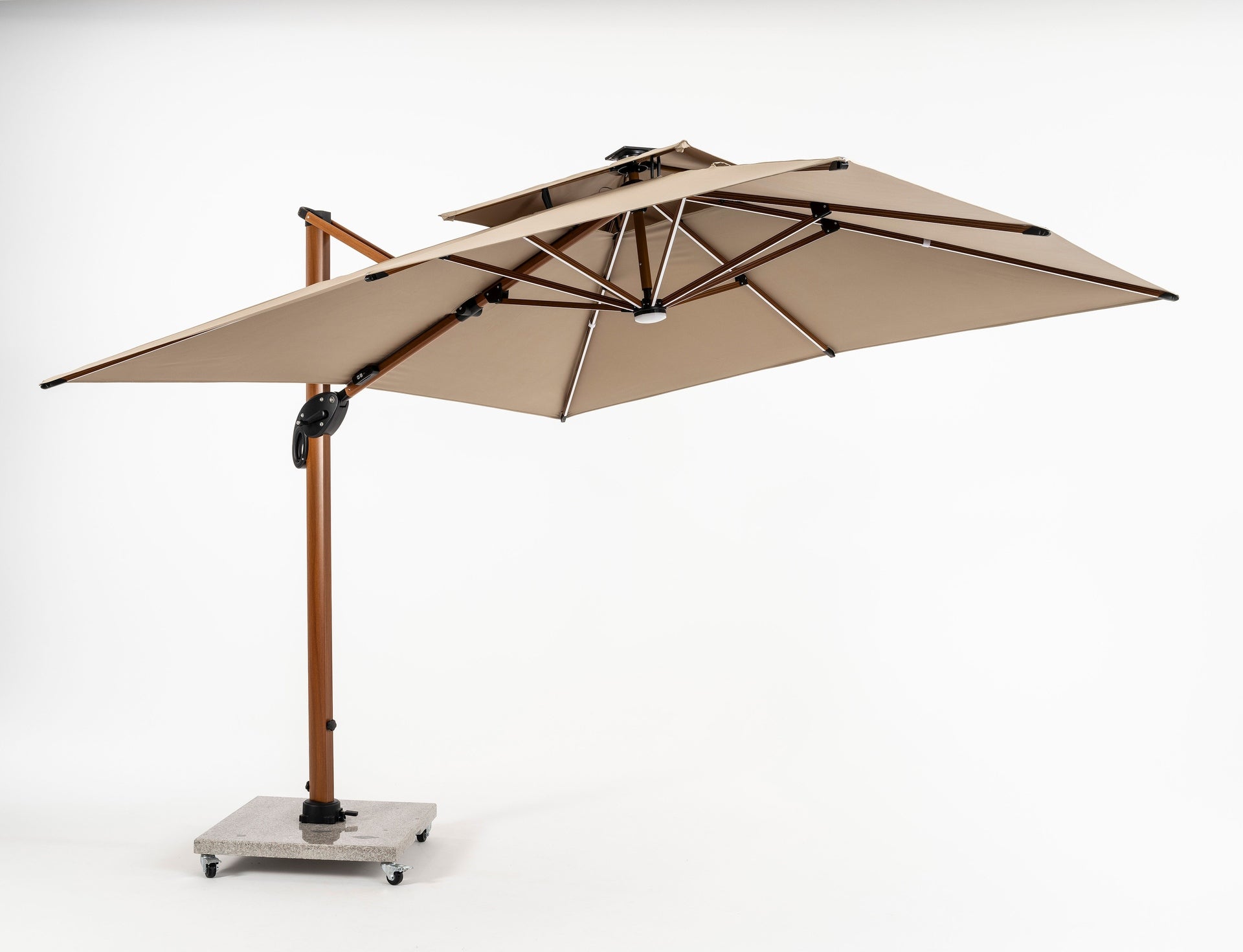 Ruffy Wood Pendelschirm 3x3 m in edler Holzoptik mit LED-Beleuchtung und fahrbarem Granitsockel für Terrasse und Garten