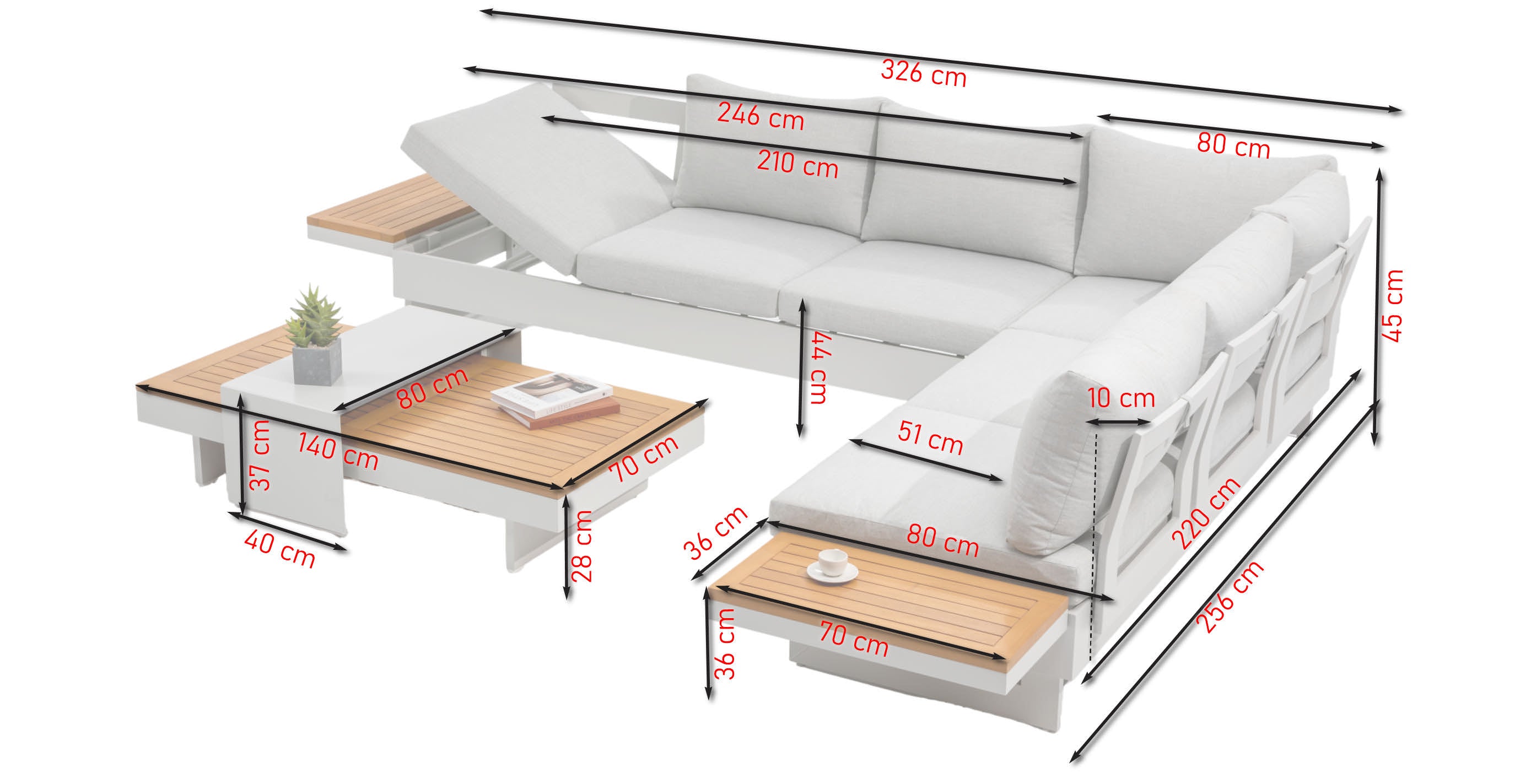 Seraphina Loungegruppe mit perlweißem Aluminiumgestell, hellgrauen Kissen & Akazienholz-Ablagen – modular & wetterfest.