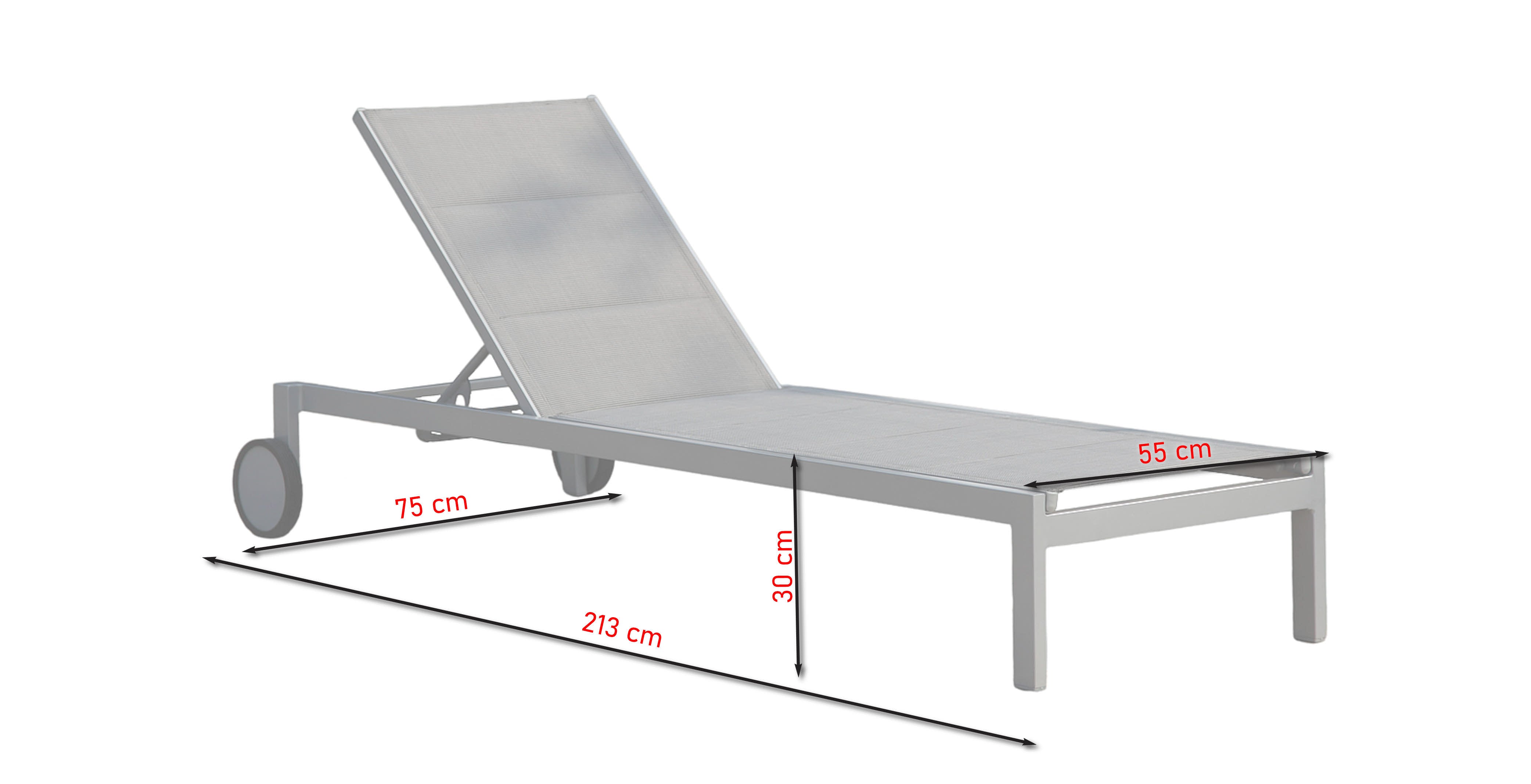 Praktische und stapelbare Sonnenliege Timea mit grauem Aluminiumgestell und Rädern, verstellbare Rückenlehne, erhältlich bei Gartenmöbelshop.at.