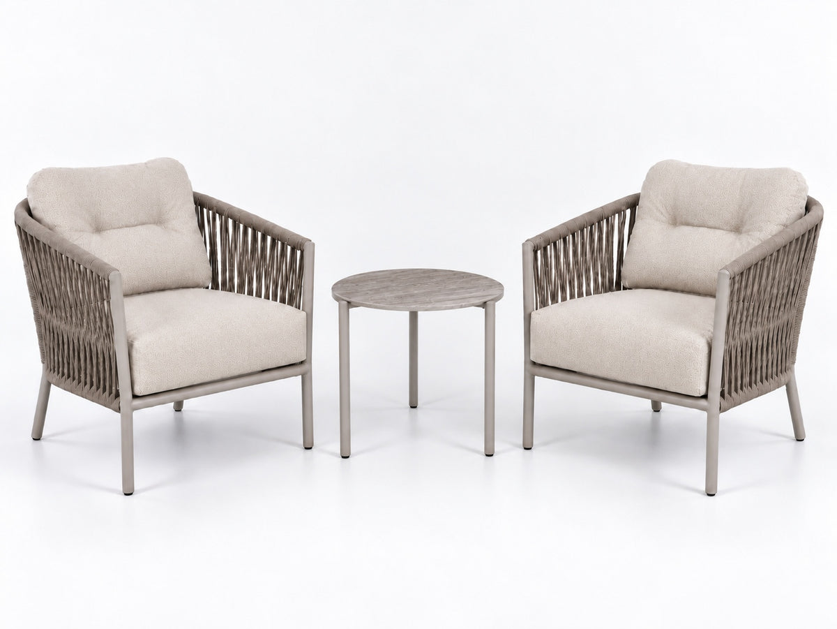 Becky Fauteuil-Set mit zwei Fauteuils und rundem Beistelltisch – Gesamtansicht