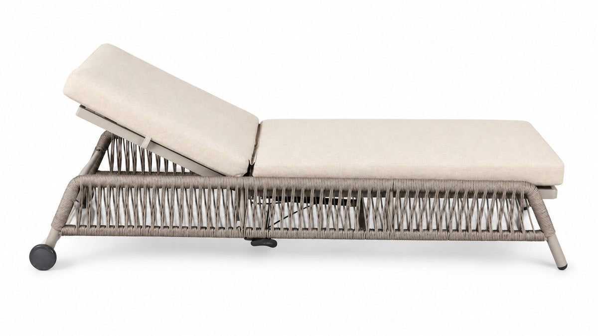 Becky Sonnenliege mit grauem Aluminiumgestell, Greige-Schnurbespannung, hellgrauer Auflage und Rollen