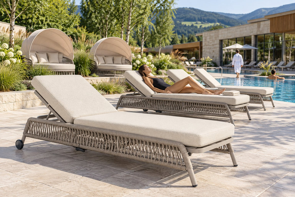 Becky Sonnenliege – Sonnenliegen der Becky Serie in einer belebten Poolszene