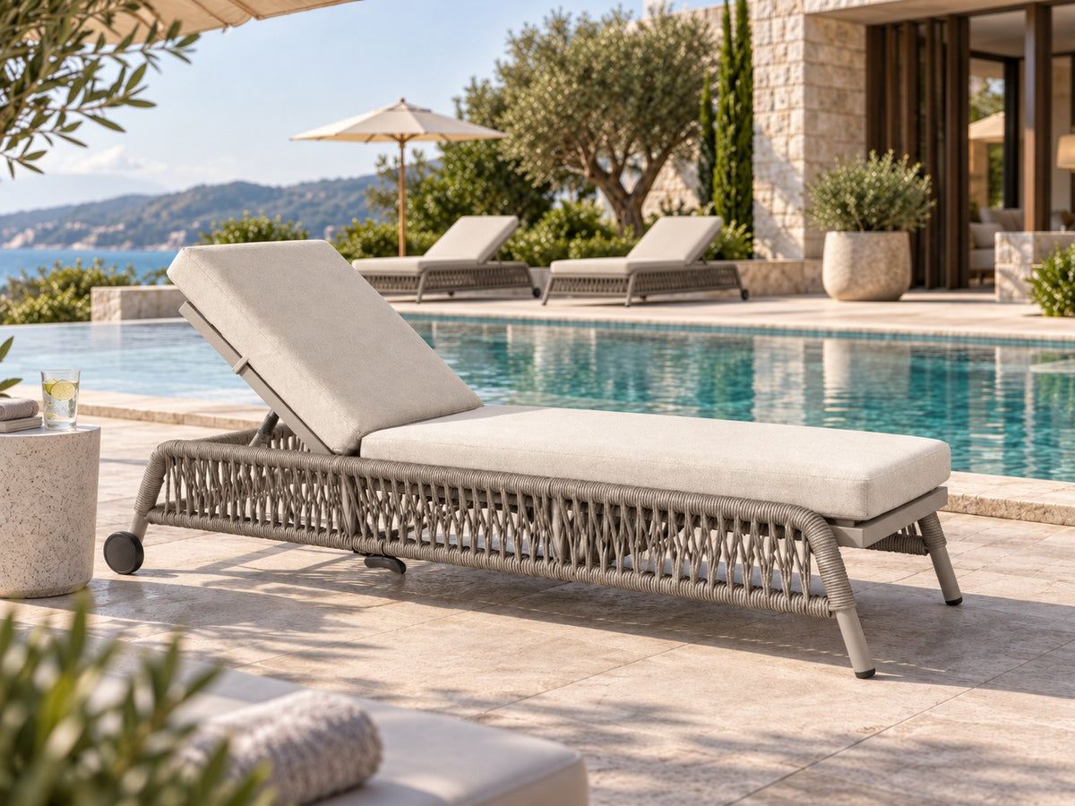 Becky Sonnenliege – Sonnenliege in einem Garten mit Pool und Bergblick