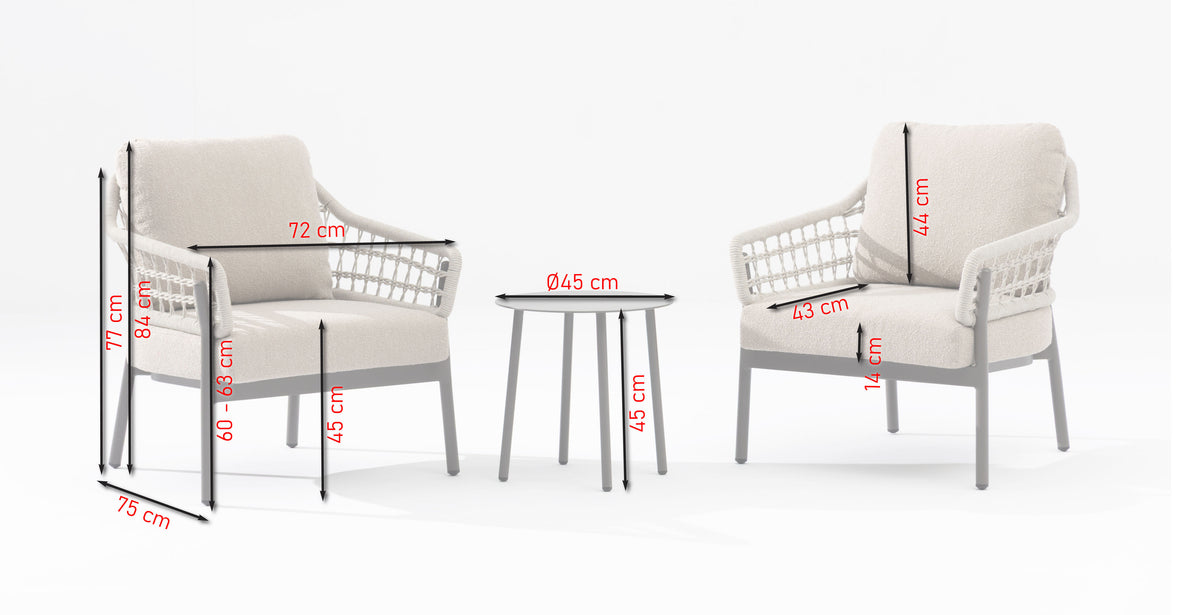 Carla Fauteuil-Set – Maßzeichnung von Fauteuils und Beistelltisch